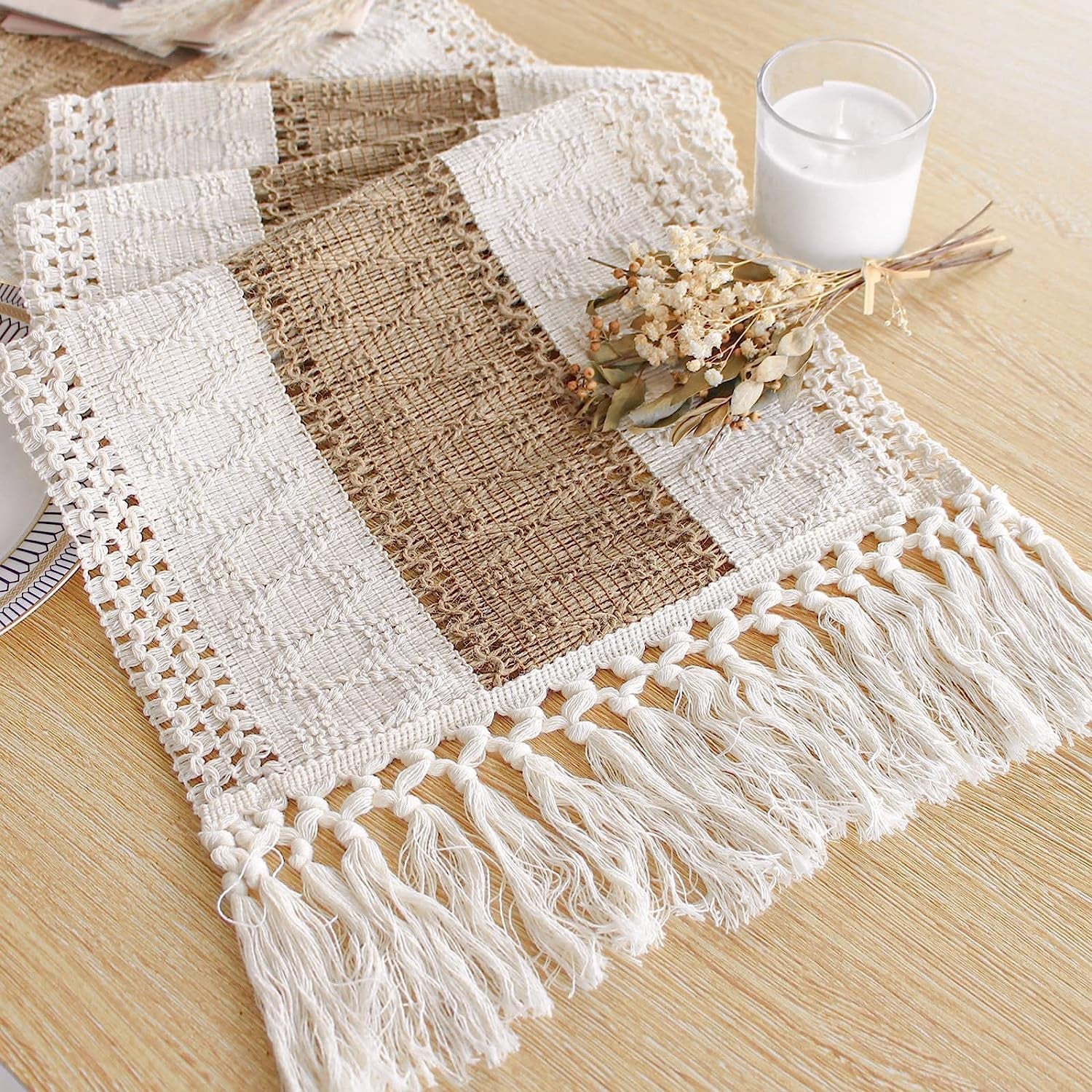 Boho Table Runner 48 Inches Long with Tassels Farmhouse Home Decor Rustic Cream & Brown Macrame Table Runner for Dining Bedroom Baby Bridal Shower Decor(12X48 Inches)