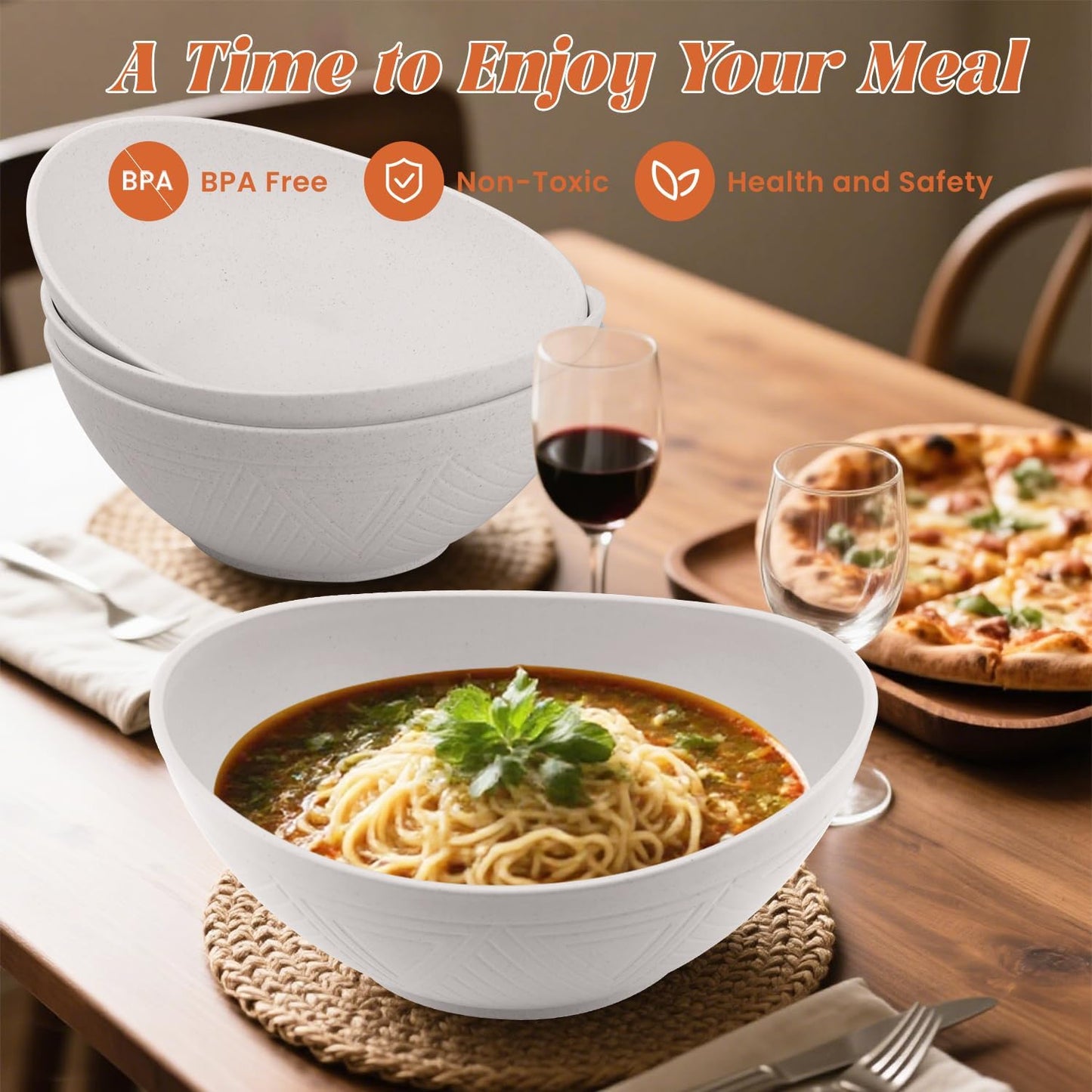 Large 9.6-Inch Oval Serving Bowls Set of 4 - 60 Oz Capacity, Perfect for Salads, Side Dishes, and Pasta, Microwave and Dishwasher Safe, Elegant White Finish