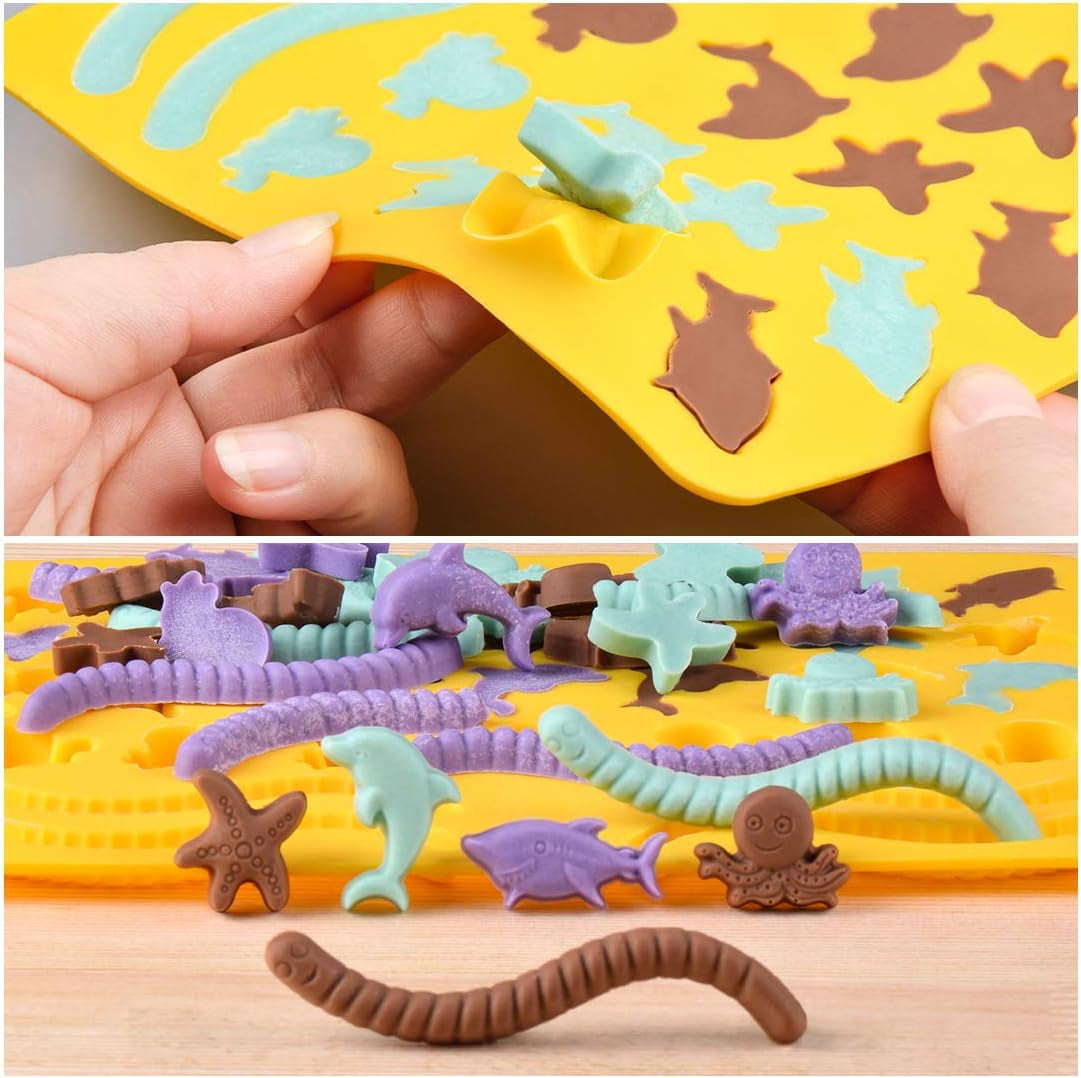 Gummy Bear Mold Candy Molds - Chocolate Molds Including Bears, Frogs, Lions, Monkeys, Penguins, Worms, Starfishs, Dolphins, Octopus, Sharks Sea Mold Set of 4 Silicone Molds