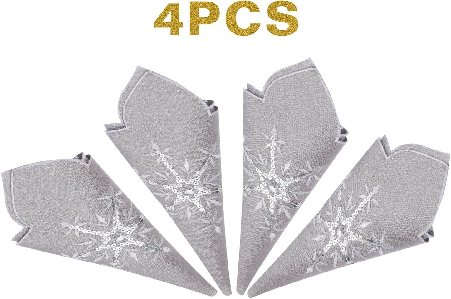 Christmas Table Napkins Cloth Set of 4, Embroidered Snowflake Napkins 18X18 Inch, Silver Napkins Glittering Sequins for Dinner, Xmas Holiday Napkins for Familiy Dinning, Grey, Machine Washable