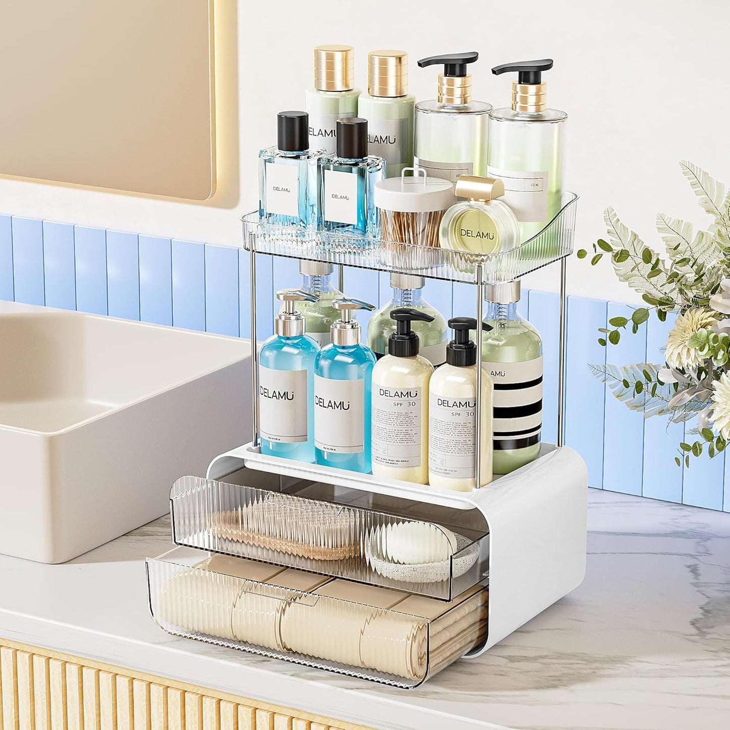 Bathroom Counter Organizer 2-Drawers 2-Tier Acrylic Makeup Organizer for Vanity Countertop, Skincare Perfume Storage, Easy Assembly, Ideal Gift for Women, Bath Linen Sets, Clear