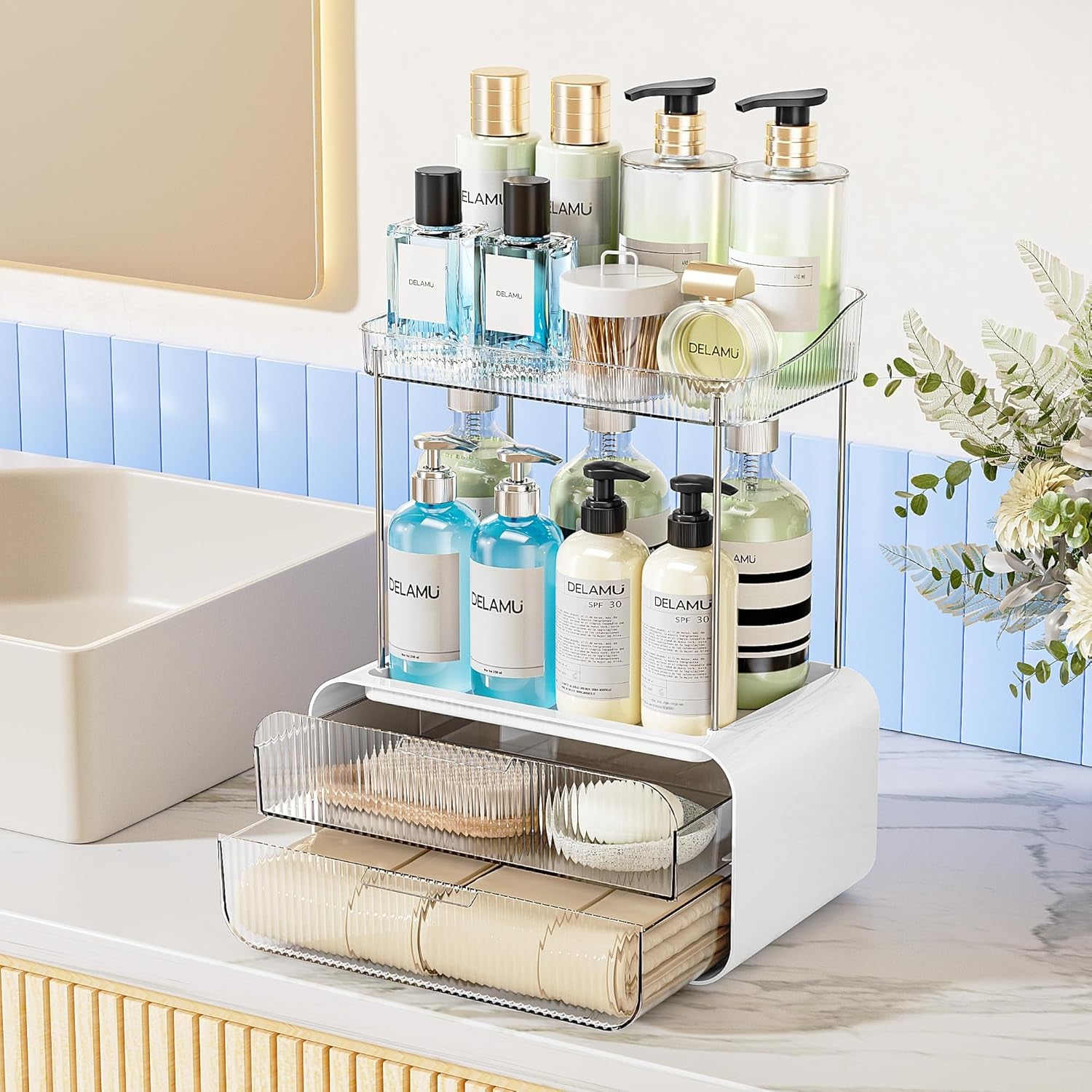 Bathroom Counter Organizer 2-Drawers 2-Tier Acrylic Makeup Organizer for Vanity Countertop, Skincare Perfume Storage, Easy Assembly, Ideal Gift for Women, Bath Linen Sets, Clear