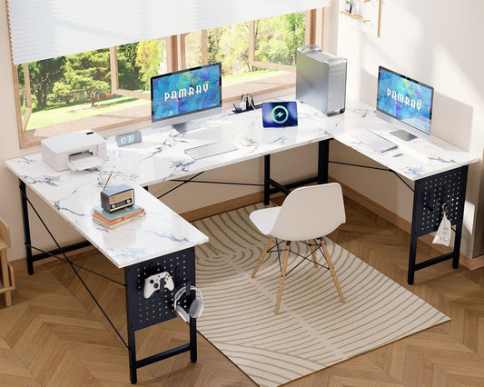 71 Inch Large Computer Desk with Power Outlets,U Shaped Corner Desk for Home Office Work and Gaming Marble