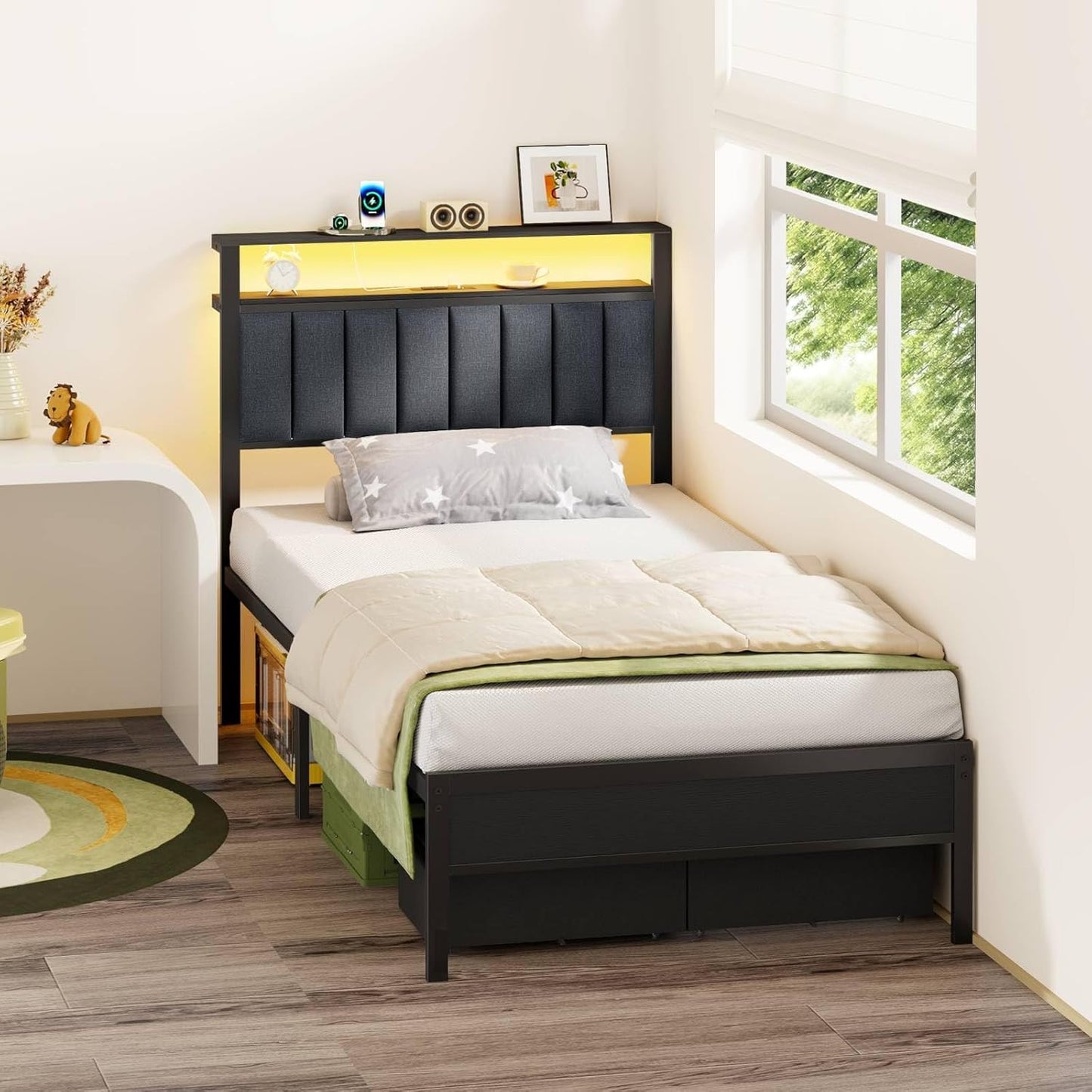 Twin Bed Frame with Integrated Charging Station and LED Lighting, Grey Upholstered Headboard with Shelving, Metal Platform Design featuring Under-Bed Storage Drawers on Wheels, No Box Spring Required
