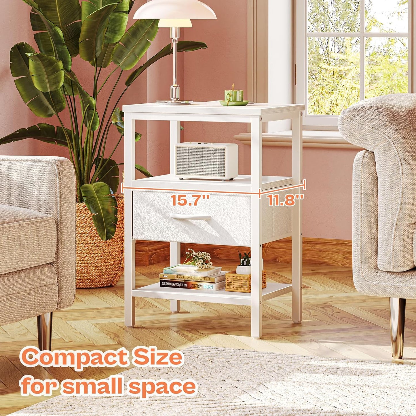 White Nightstand with Charging Station and Adjustable Fabric Drawer, 3-Tier Storage End Table for Bedroom and Living Room