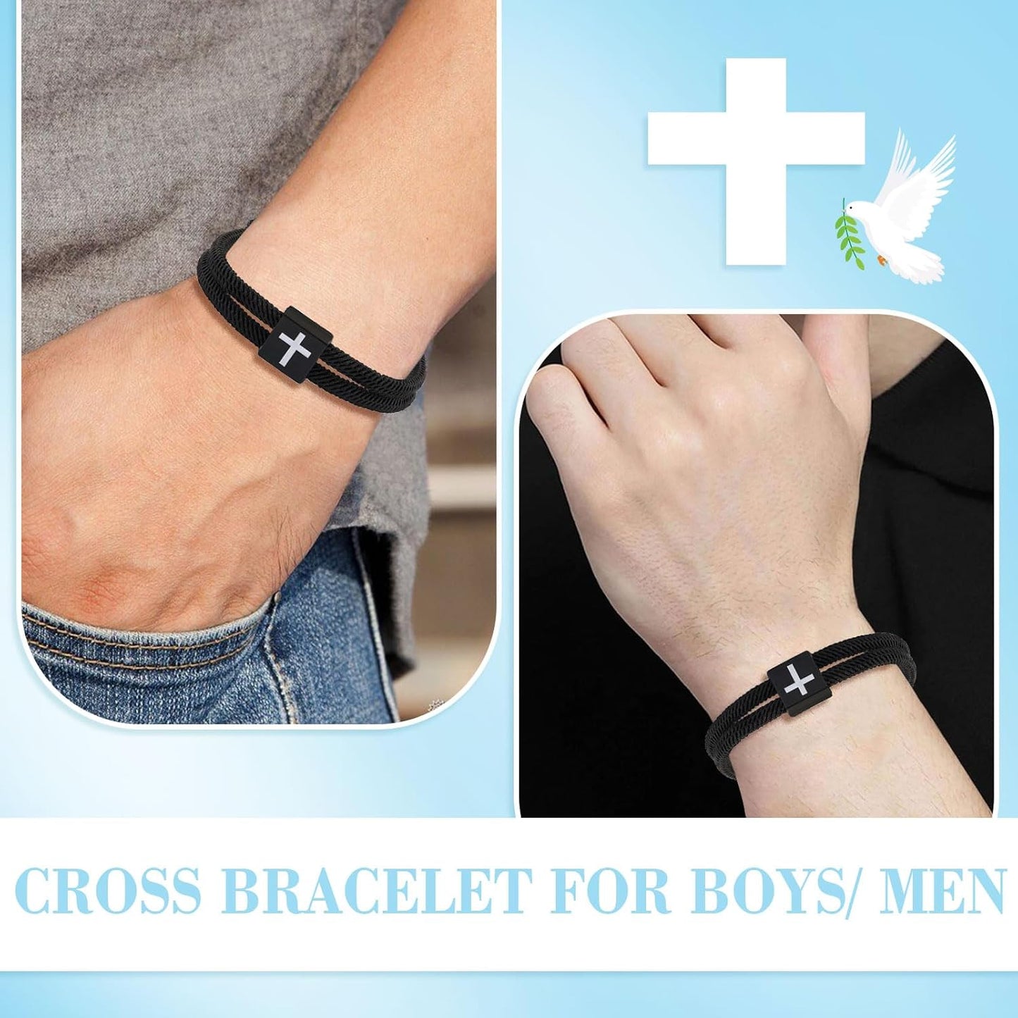 White Rope Cross Bracelet for Men Teens, 2Pack String Handmade Adjustable Weaving Rope Bracelet for Teen Boys Friends Son Grandson