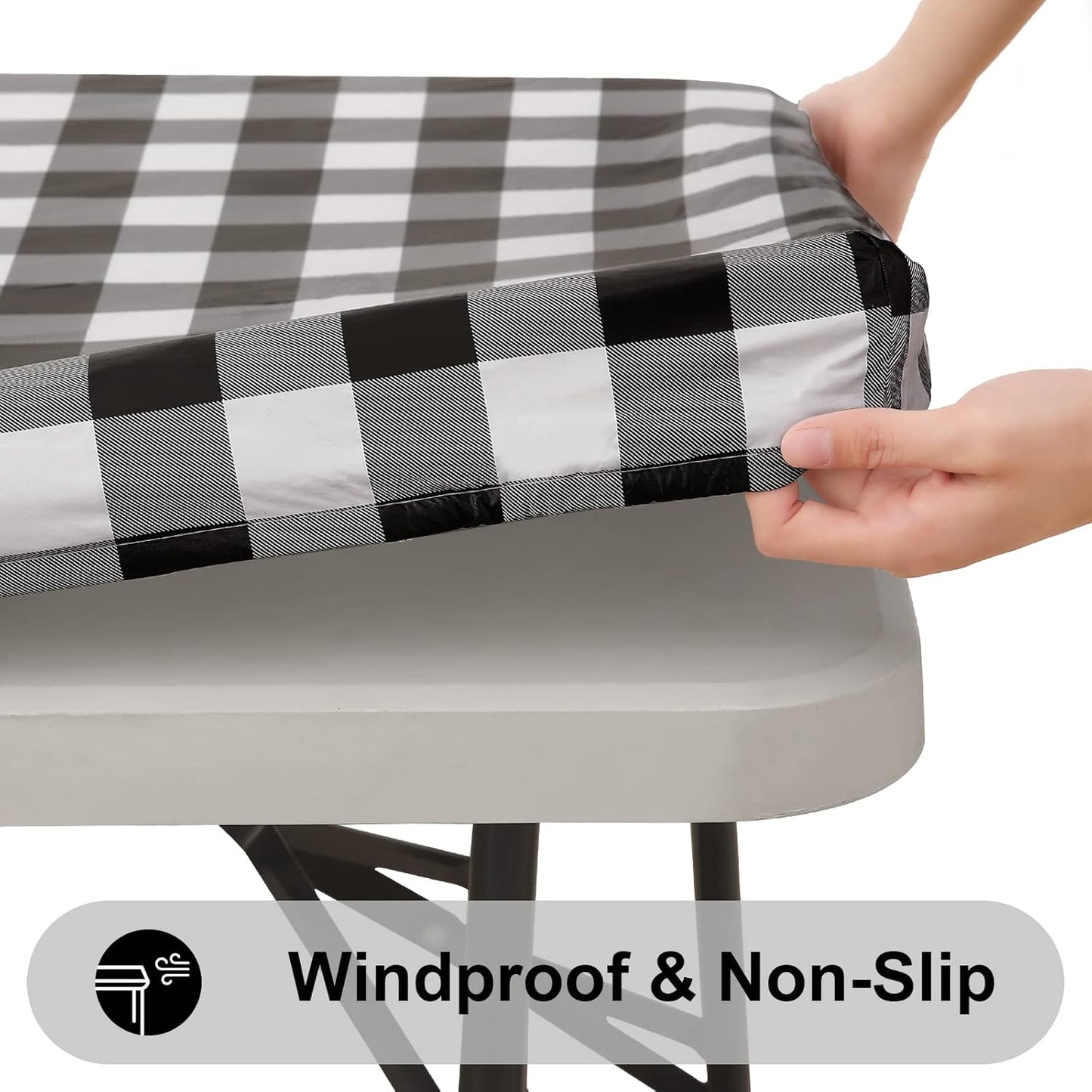 Waterproof Fitted Vinyl Tablecloth, Buffalo Plaid 6FT Table Cover and 4FT in Black and White, 2 Item Bundle