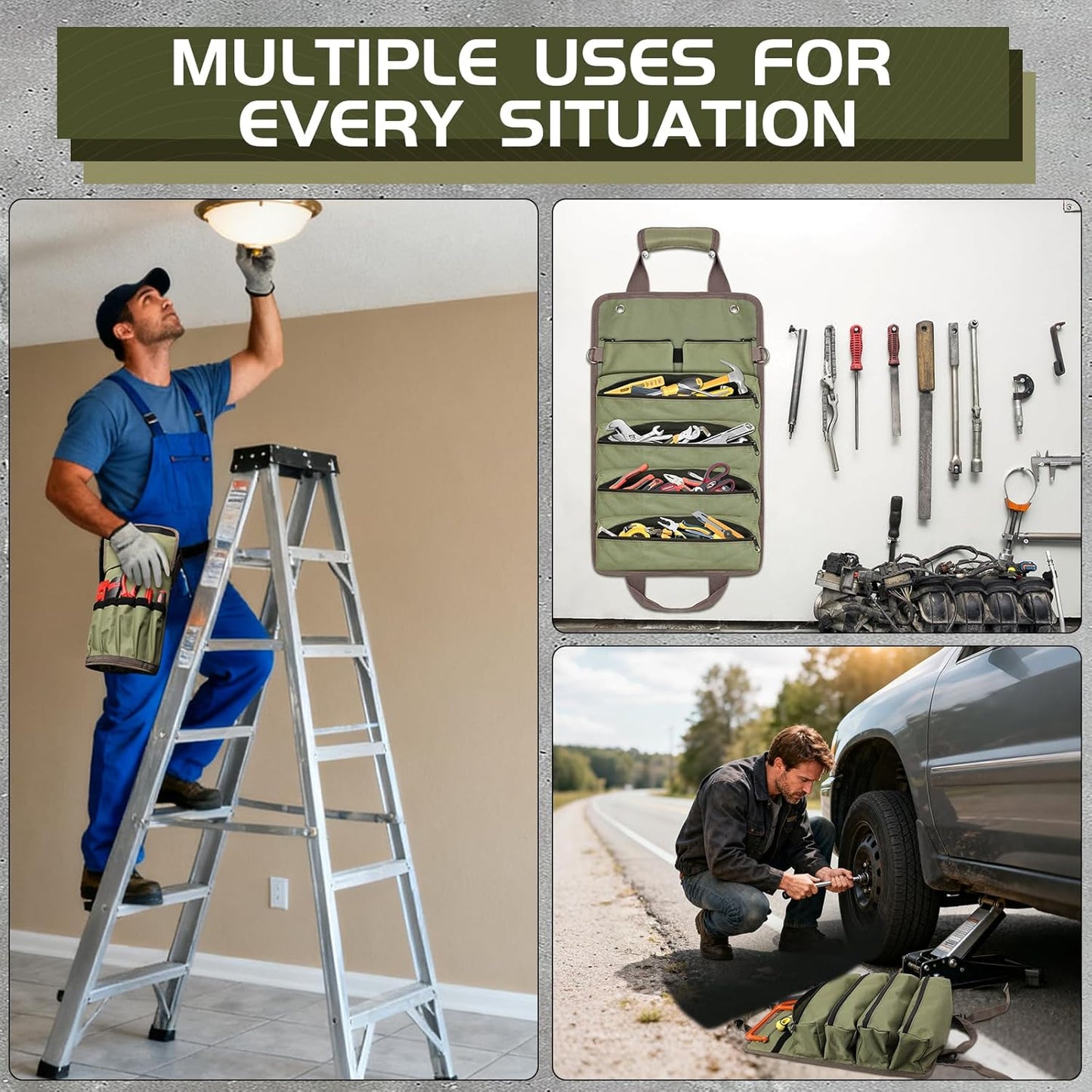 Roll up Tool Bag - Heavy Duty Green Motorcycle Tool Roll, Portable Tool Box Organizer Storage for Mechanics, Electricians, Diyers, Ideal Kit for Men, Father, Birthdays, Holidays