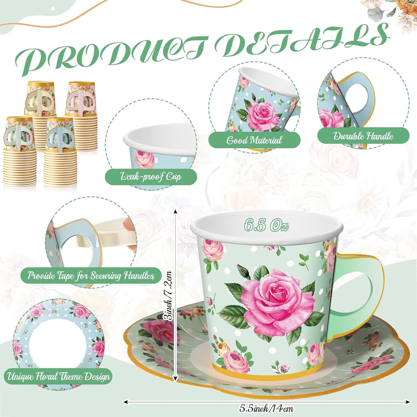 98-Piece Floral Tea Party Decoration Set: 26 Ft Bunting, 6.5 Oz Disposable Coffee Cups with Handles and Saucers, Ideal for Weddings and Birthdays (Classic)