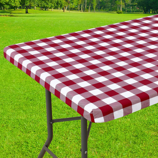 Rectangle Elastic Waterproof Vinyl Picnic Tablecloth, Flannel Backed Buffalo Plaid Cover for Dining and Outdoor Use (Burgundy and White, 30" x 48")