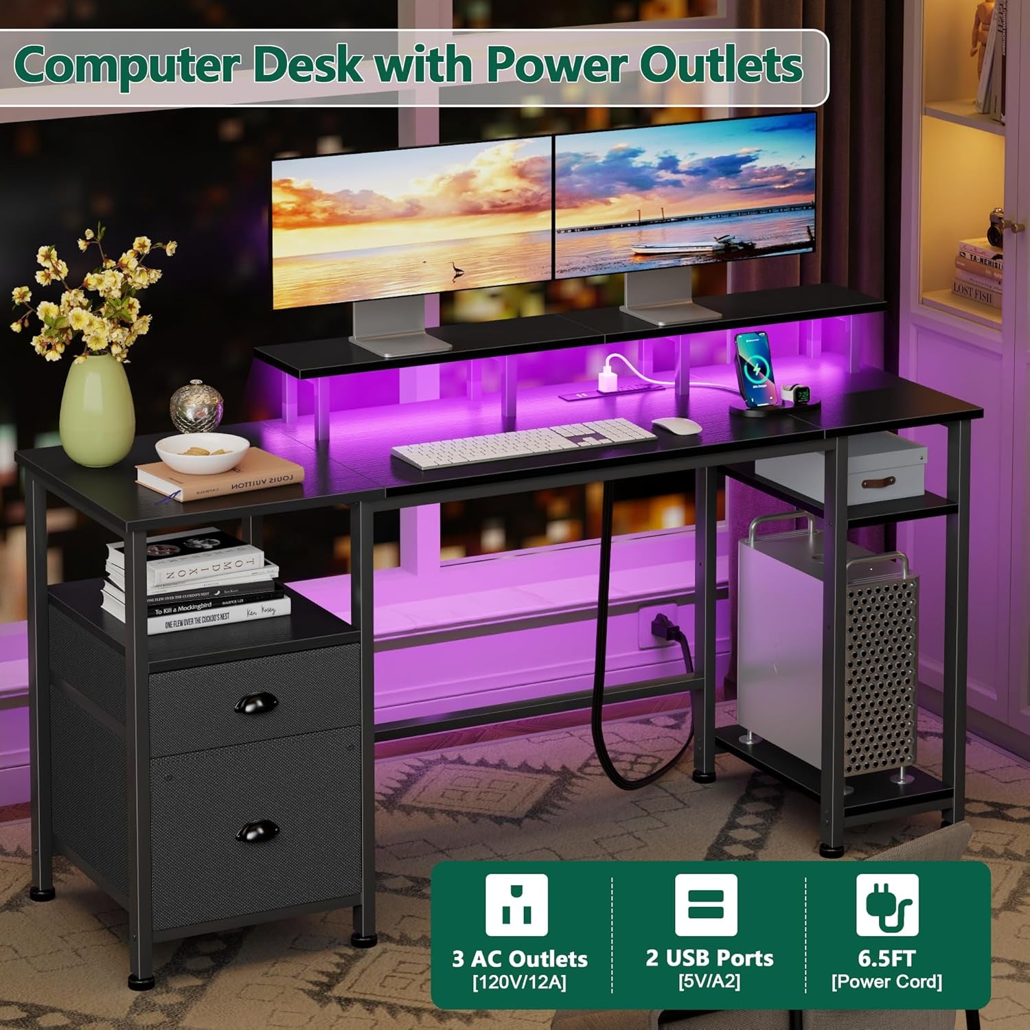 61" Gaming Desk with Power Outlets & LED Lights, Reversible Computer Desk with File Cabinet & Monitor Stand for Home Office, Large Work Table with Storage Shelves & Drawer, Black