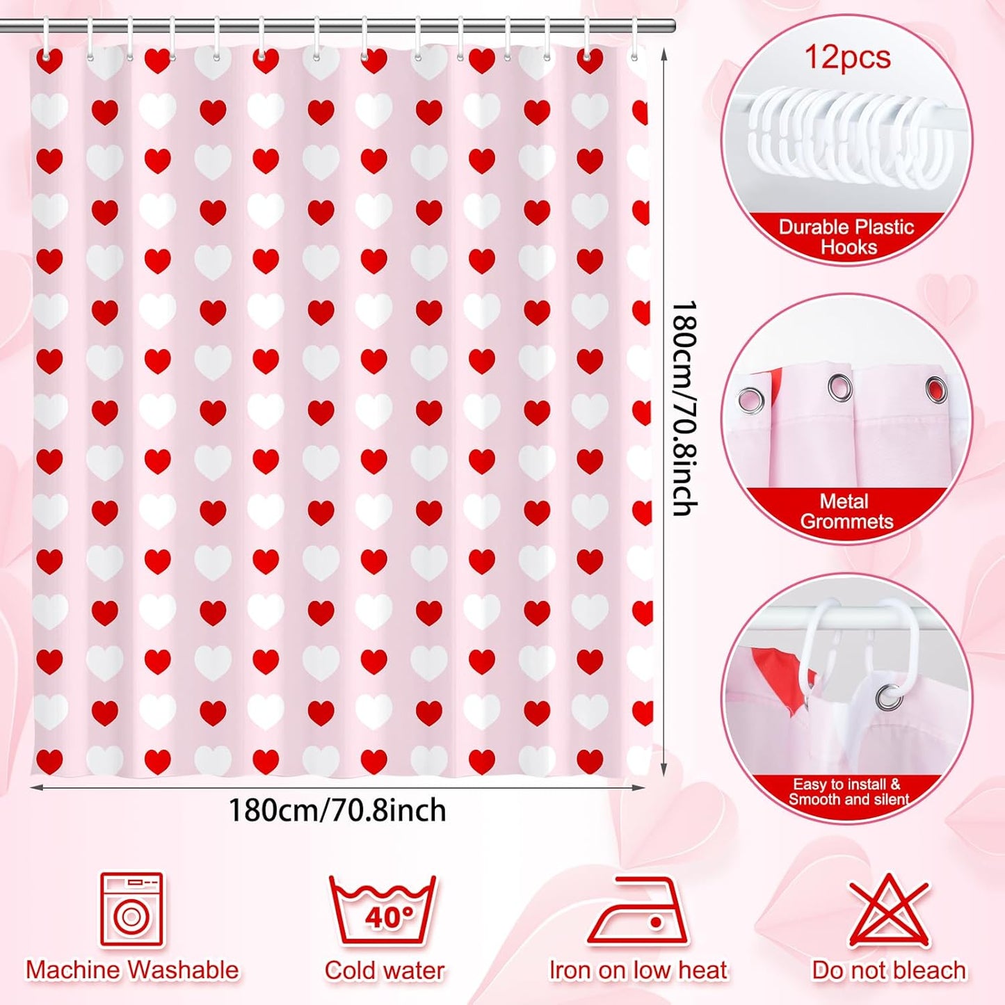 71 X 71 Inches Valentines Shower Curtain Red and White Love Heart Theme Romantic Bathroom Curtain Waterproof Polyester Curtain with Hooks Set for Valentine'S Bathroom Decorations