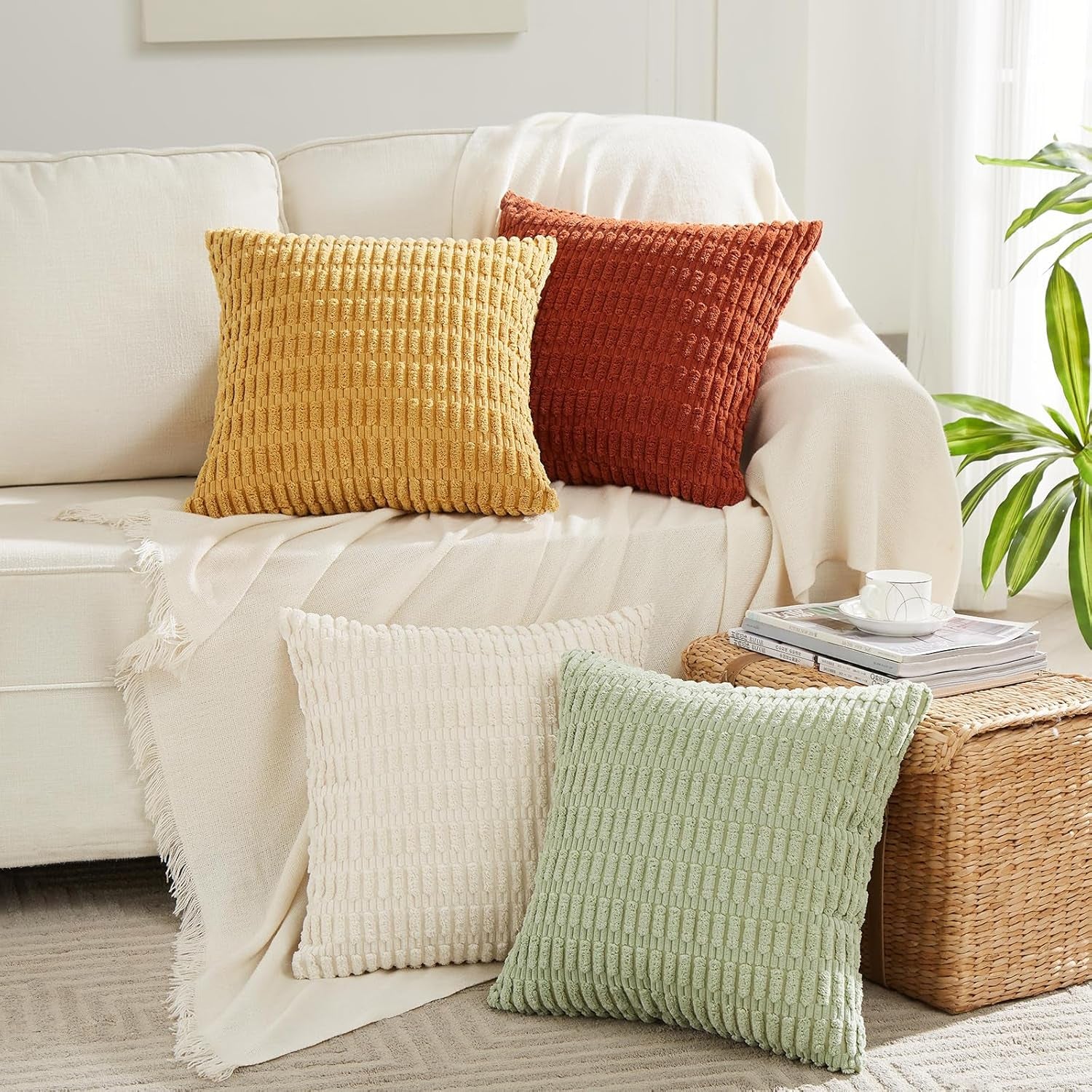 4 Packs Boho Fall Decorative Throw Pillow Covers 18X18 Inch for Living Room Couch Bed Sofa, Rustic Farmhouse Home Decor, Soft Plush Striped Corduroy Square Cushion Case 45X45 Cm