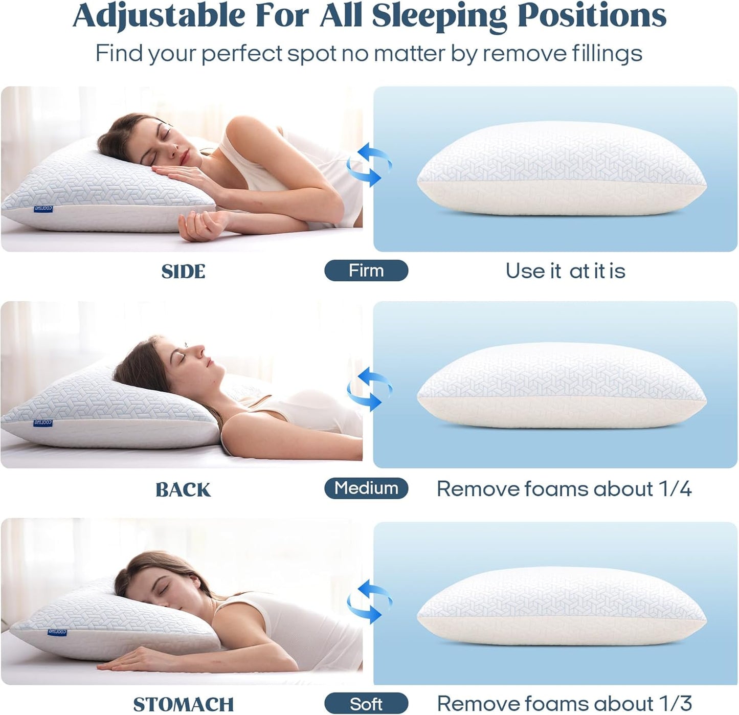 ® Queen Size Pillows Set of 2, Shredded Memory Foam Pillows, Cooling Queen Pillow 2 Pack, Adjustable Firm Bed Pillow for Sleeping, Side, Back and Stomach Sleepers