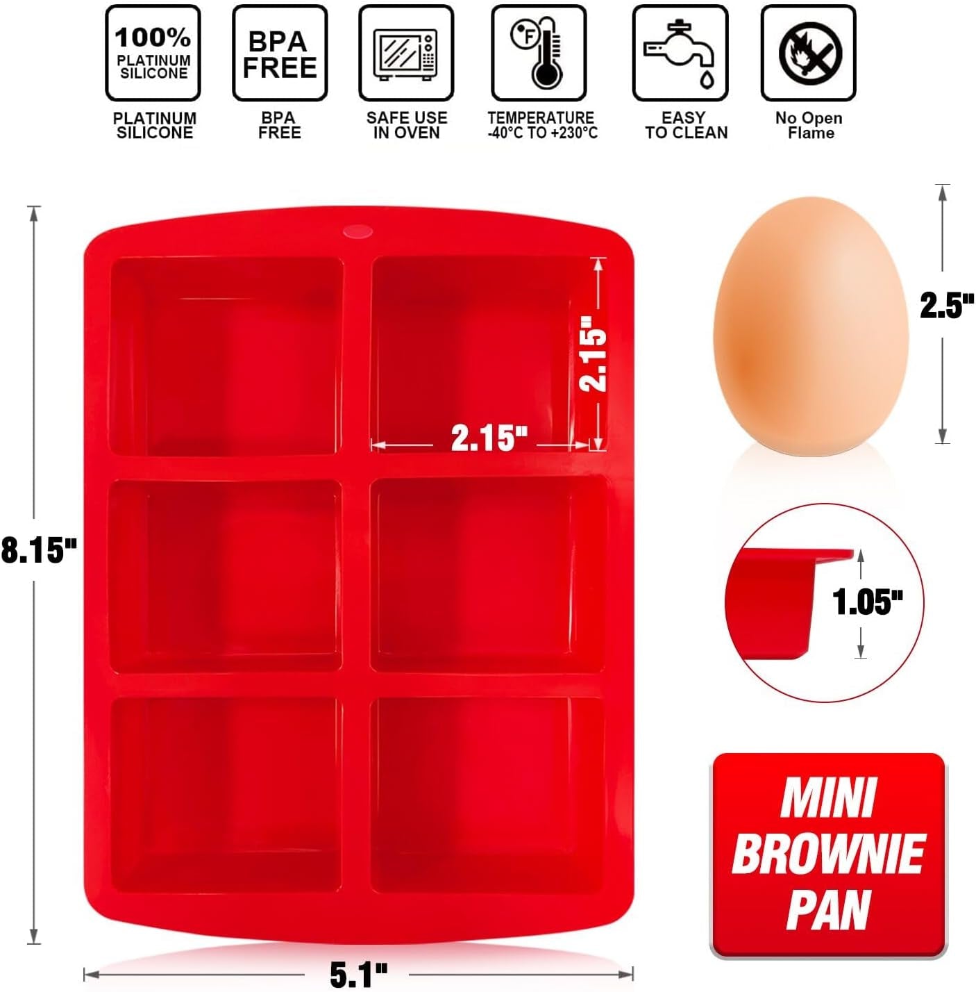 Mini Silicone Brownie Pan - 2 Piece 6-Cavity Non-Stick Square Baking Pan, Perfect for Mini Brownies, Cornbread, Muffin and Cakes, BPA Free and Dishwasher Safe