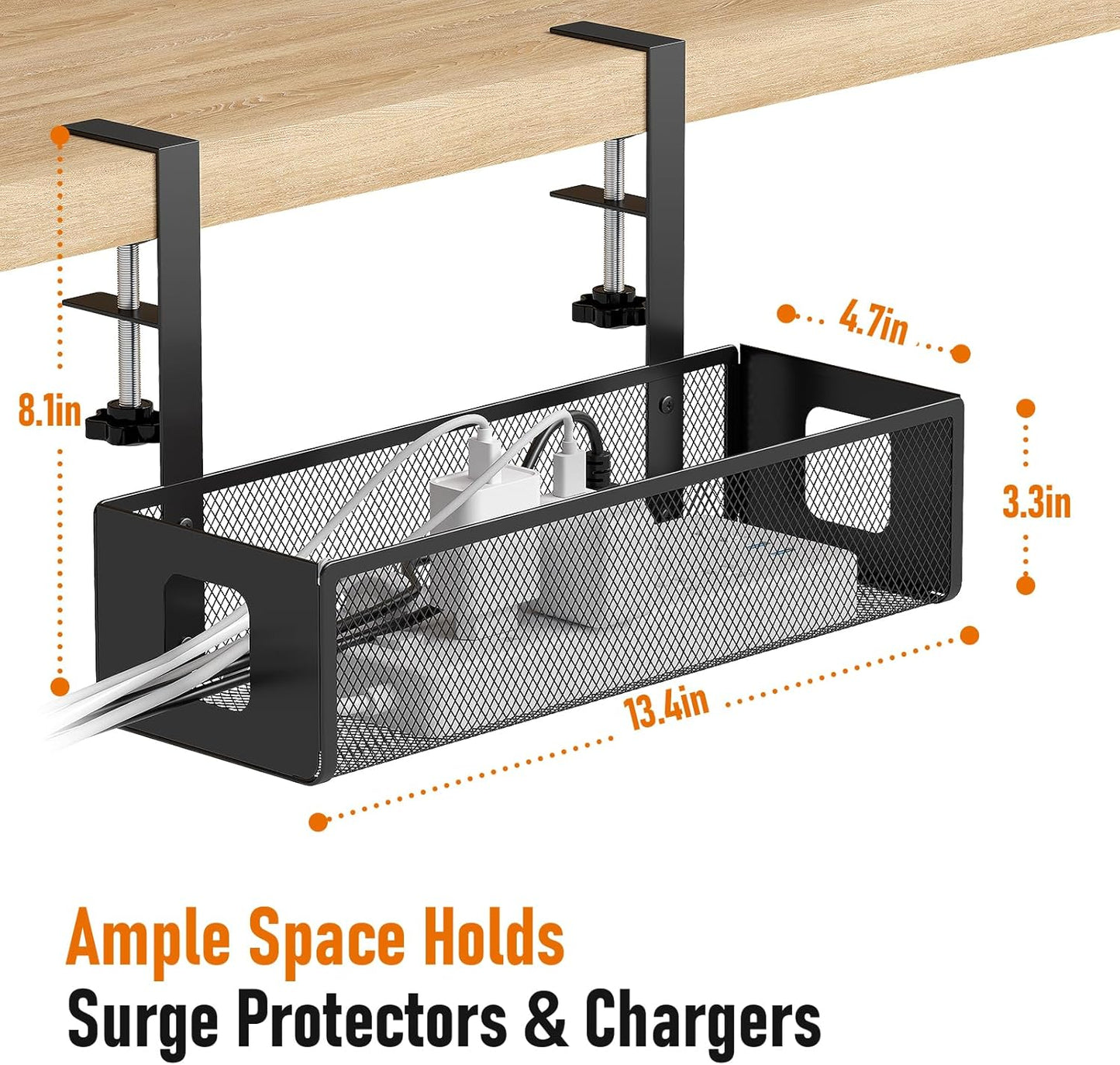 under Desk Cable Management Tray - Cable Management Tray No Drill with F-Clamp Design, Metal Mesh Cord Organizer, Sturdy Wire Organizers for Cords for Home Office Standing Desk, Black