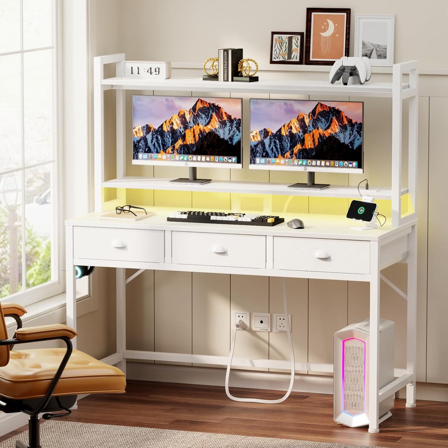 47'' White Computer Desk with 3 Drawers Hutch, LED Lights, Home Office Desks, Gaming Table with Monitor Stand, 2AC Power Outlets and 2 USB Ports, Modern Work Study Table for Bedroom