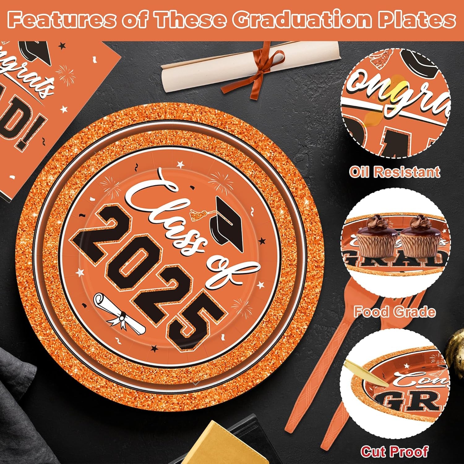 50 SET Graduation Plates and Napkins 2025 and Forks, Orange Grad Party Supplies, Disposable Orange Paper Plates and Grad Napkins, Graduation Table Decorations Class of 2025