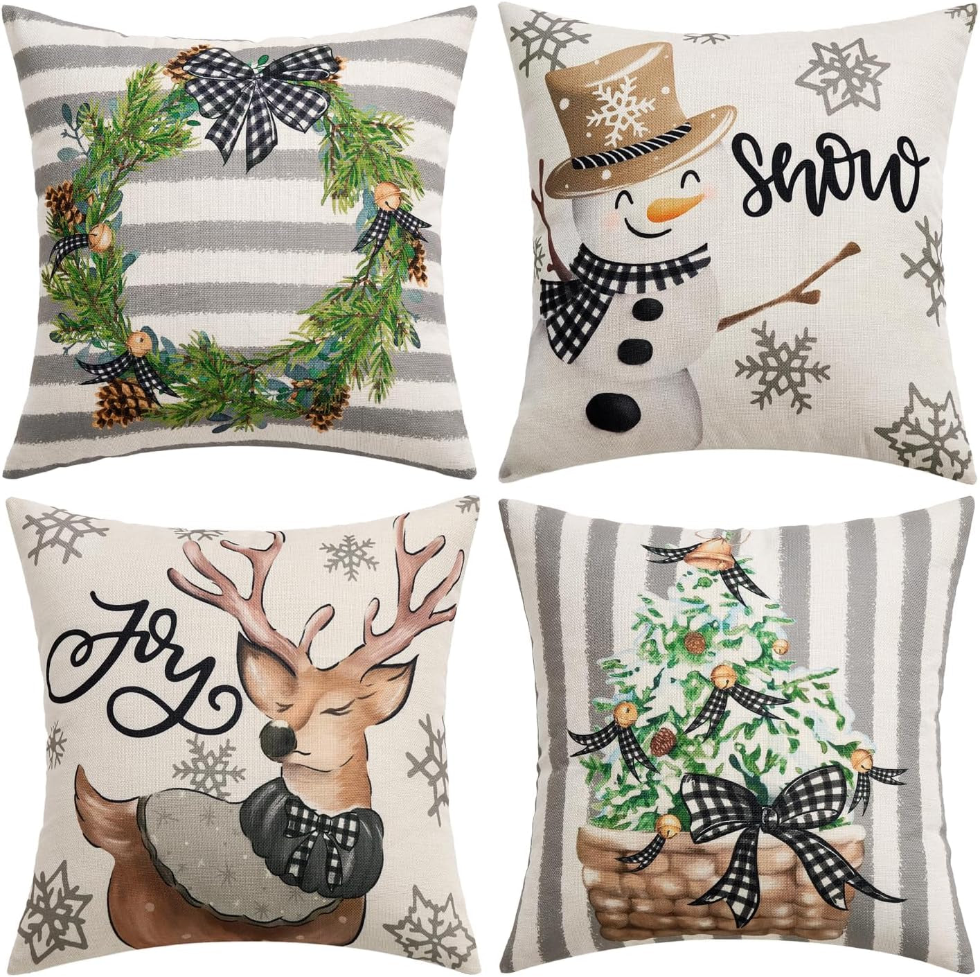 Set of 4 Holiday Grey Decorative Pillow Covers 18X18 Inch Snowman Elk Merry Christmas Throw Pillow Cases Winter Seasonal Cushion Cases Home Decors for Sofa Couch Bedroom