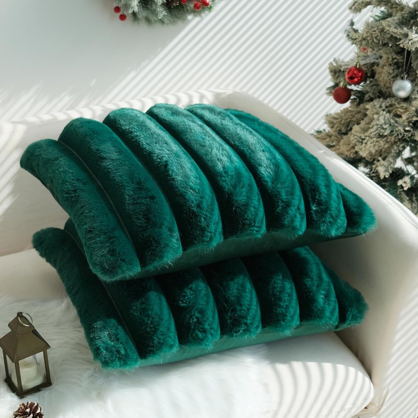 Pack of 2 Faux Fur Plush Decorative Throw Pillow Covers Couch Cushion Case Soft Fluffy Pillowcases Wide Stripe (Dark Green, 18 X 18 Inch)