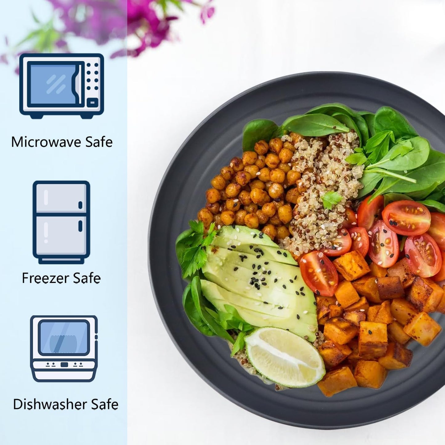 Set of 12 Deep Dinner Plates - Eco-Friendly Wheat Straw, Microwave & Dishwasher Safe, Unbreakable Design for Children (Black, 10 Inch)