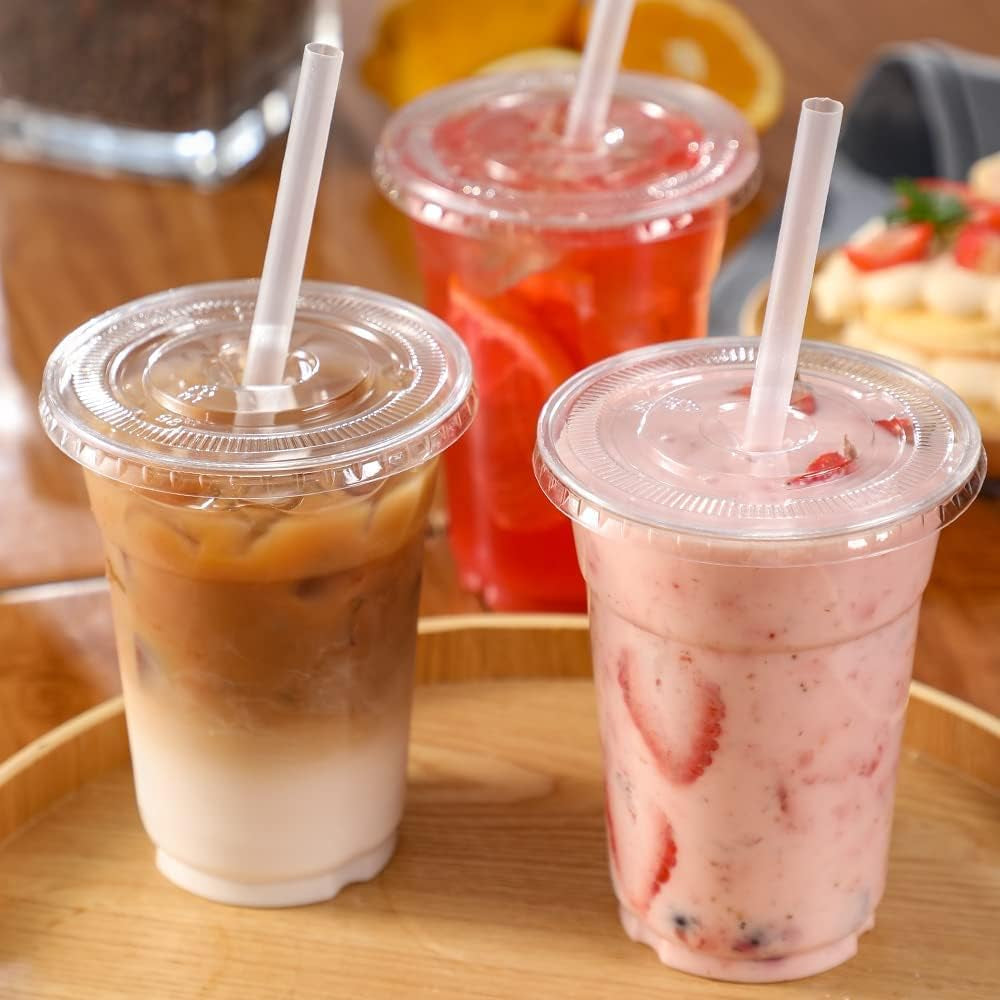 100 Sets - 12Oz Clear Plastic Cups with Lids and Straws, Disposable Cups for Iced Coffee, Smoothie, Milkshake, Cold Drinks