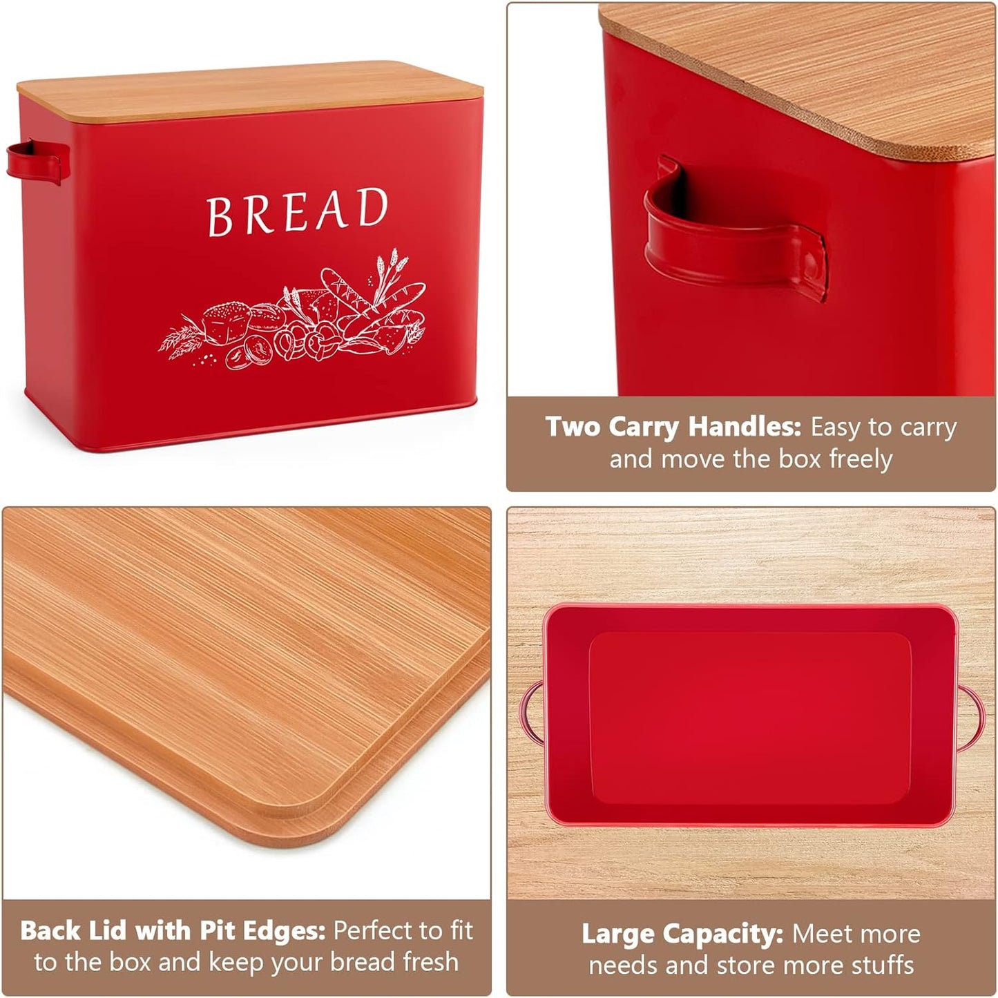 Bread Box for Kitchen Counter, Metal Bread Storage Bin with Wooden Cutting Lid, Large Capacity for Holding 2+ Loaves, Retro Modern Style, Size 13” X 7.2” X 9.7”, Red