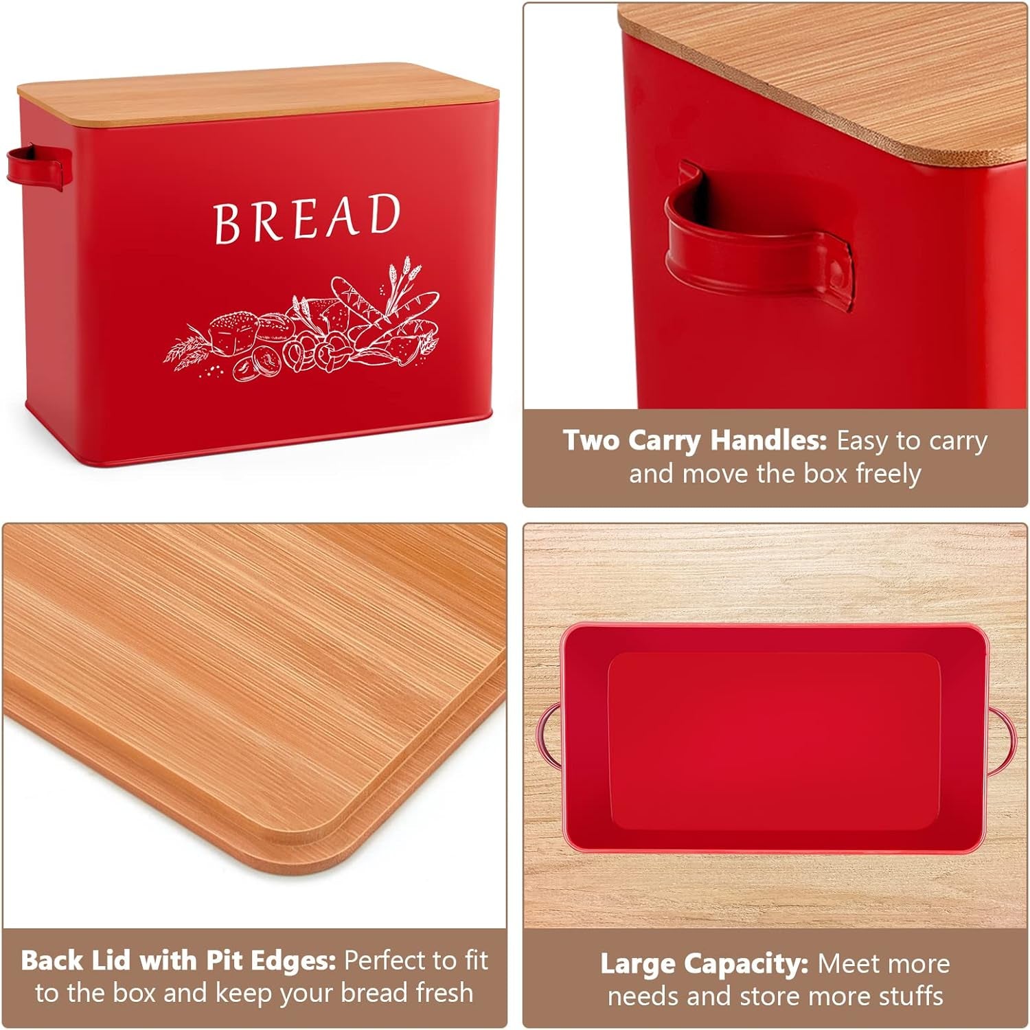 Bread Box for Kitchen Counter, Metal Bread Storage Bin with Wooden Cutting Lid, Large Capacity for Holding 2+ Loaves, Retro Modern Style, Size 13” X 7.2” X 9.7”, Red
