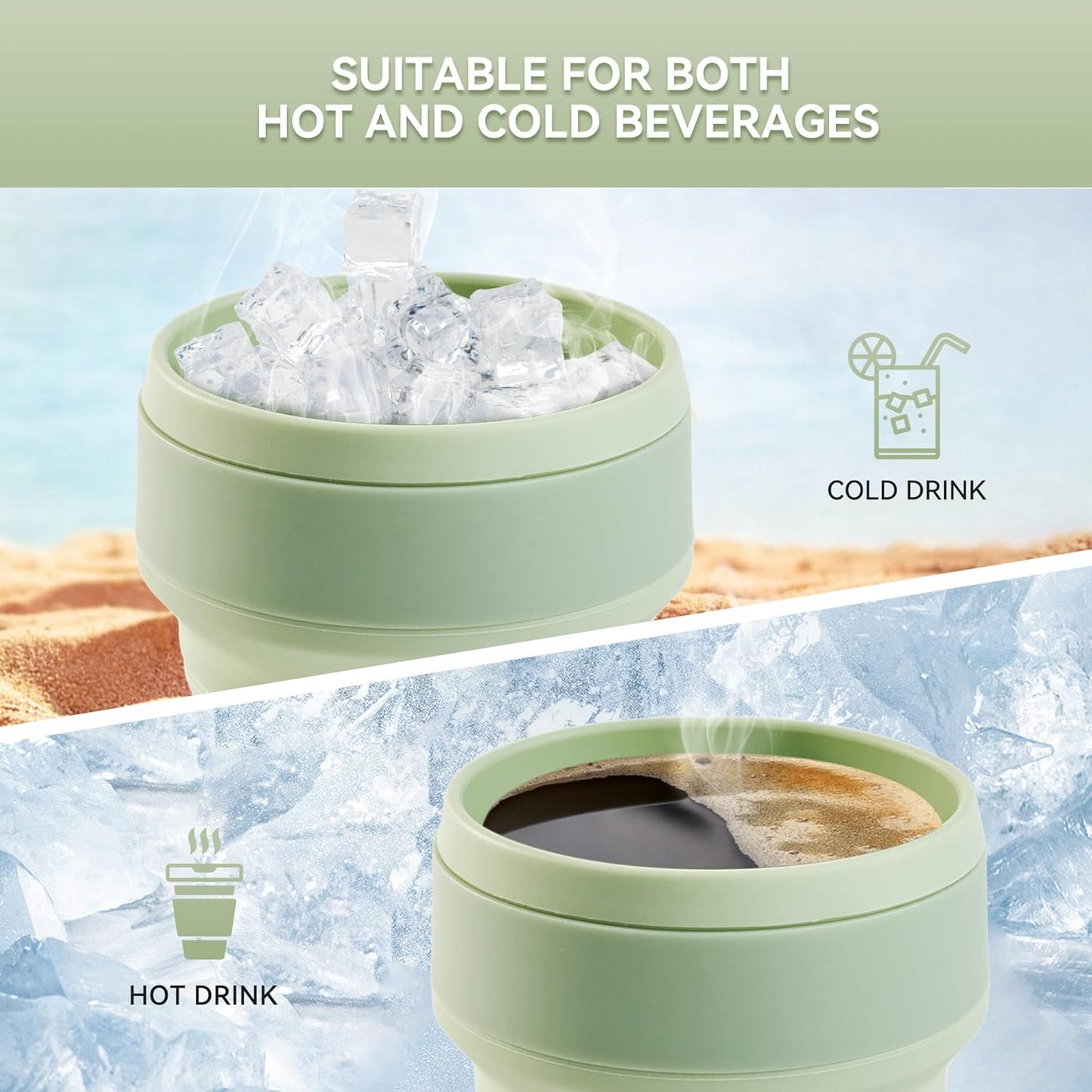 2Pcs Collapsible Cup for Traveling, Collapsible Silicone Travel Cup for Hot and 2 Drinks, Leak Proof Silicone Folding Travel Coffee Mug for Camping & Hiking, BPA Free 12Oz Green