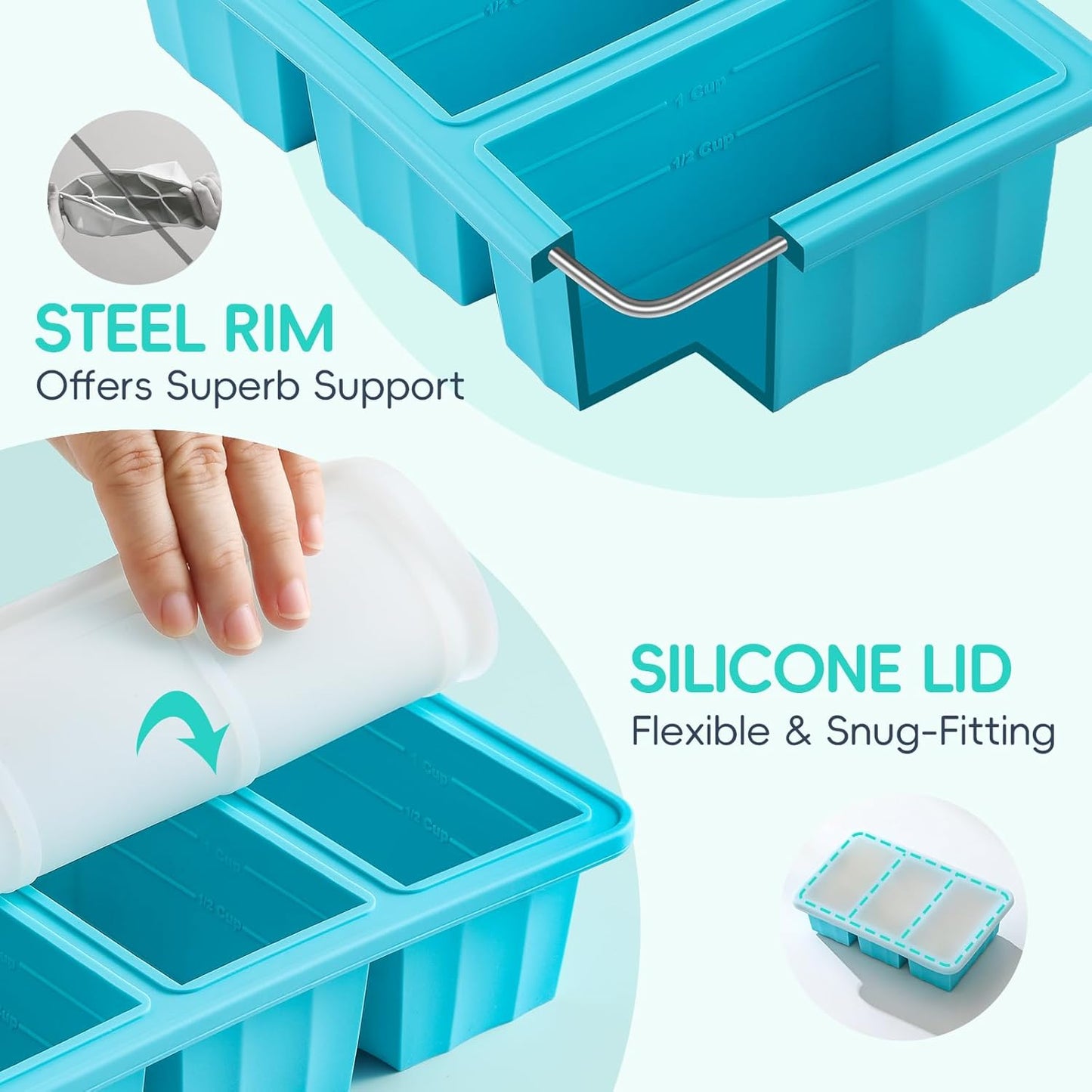 1-Cup Silicone Freezer Tray with Lid - Soup Food Cube Molds, Large Ice Cube Tray, Easy Meal Prep Kitchen Storage Container, Freeze Store Soup Block, Sauce, Broth, Leftovers - 3 Pack
