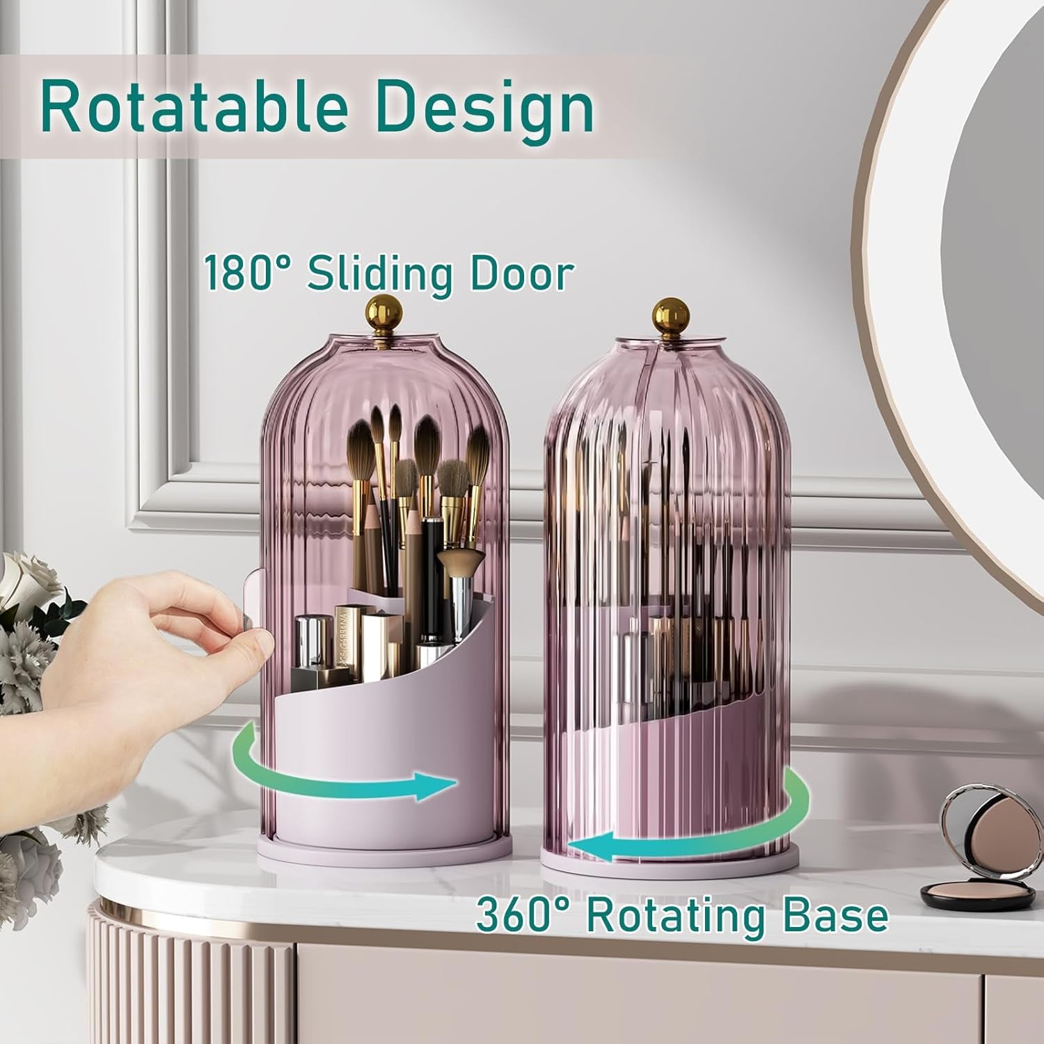 Makeup Brush Holder with Lid Cosmetic Tools Organizer 360 Rotating Waterproof Dustproof Beauty Brushes Storage for Vanity, Pink-Purple