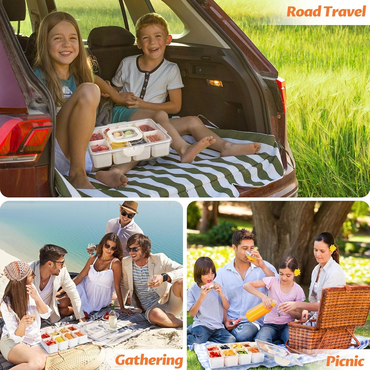 2 Pack Snackle Box Container - Dishwasher Safety Divided, Serving Tray with Lid and Handle - Charcuterie Board for Portable Snack Platters - Clear Organizer for Fruits Snacks,Perfect for Road Travel