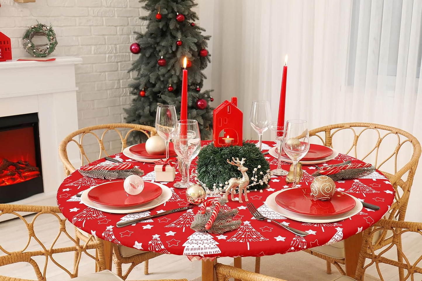 round Fabric Fitted Tablecloth, Elastic Waterproof Oil Proof Table Cloth, Washable Polyester Table Cover Fits 36"-44" round Tables for Outdoor Picnic Dinner, Christmas Tree