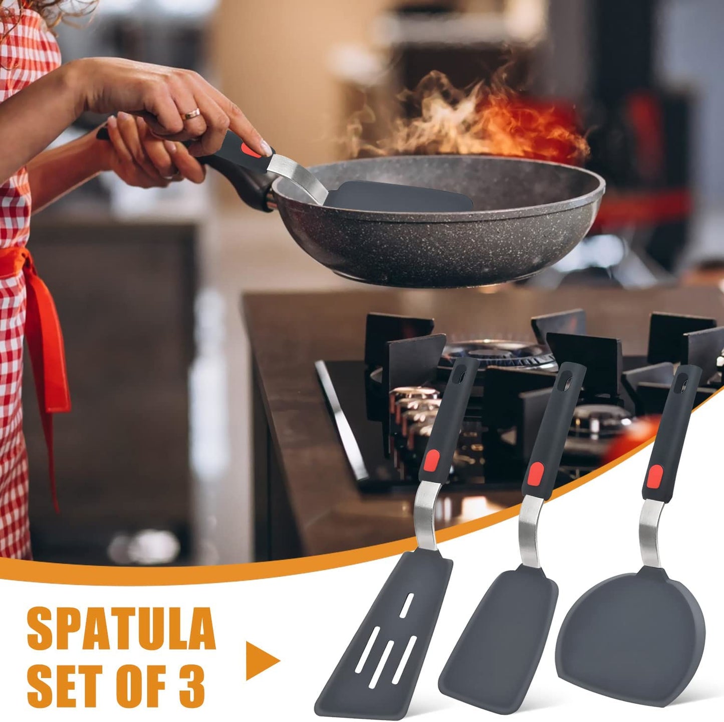Silicone Spatula Turner Set of 3, 600°F Heat Resistant Cooking Spatulas for Nonstick Cookware, Large Flexible Kitchen Utensils BPA Free Rubber Spatula Set for Egg, Pancake, Fish, Burger