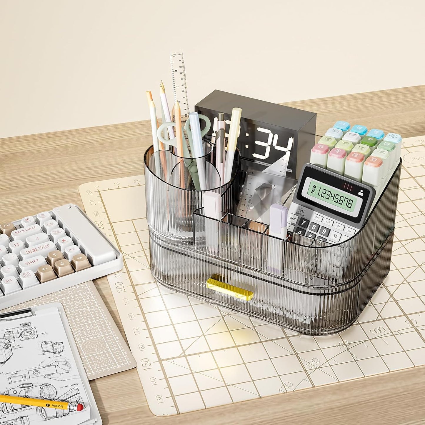 Makeup Organizer for Vanity with Stackable Drawers, 360 Rotating Makeup Brush Holder Large Cosmetic Display Case for Dresser, Bathroom Countertop Skincare Organizers and Storage, Crystal Black