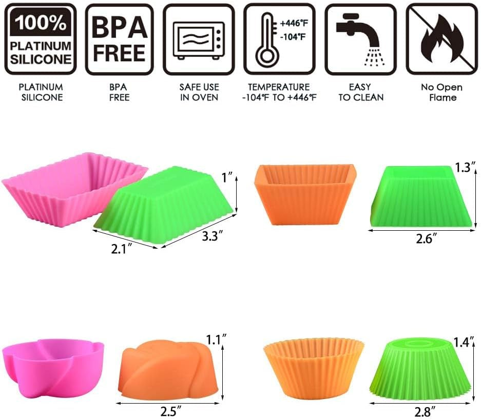 Silicone Baking Cups Cupcake Liners - 24 Pcs Reusable Silicone Molds Including Round, Rectanguar, Square, Flower Food Grade Silicone
