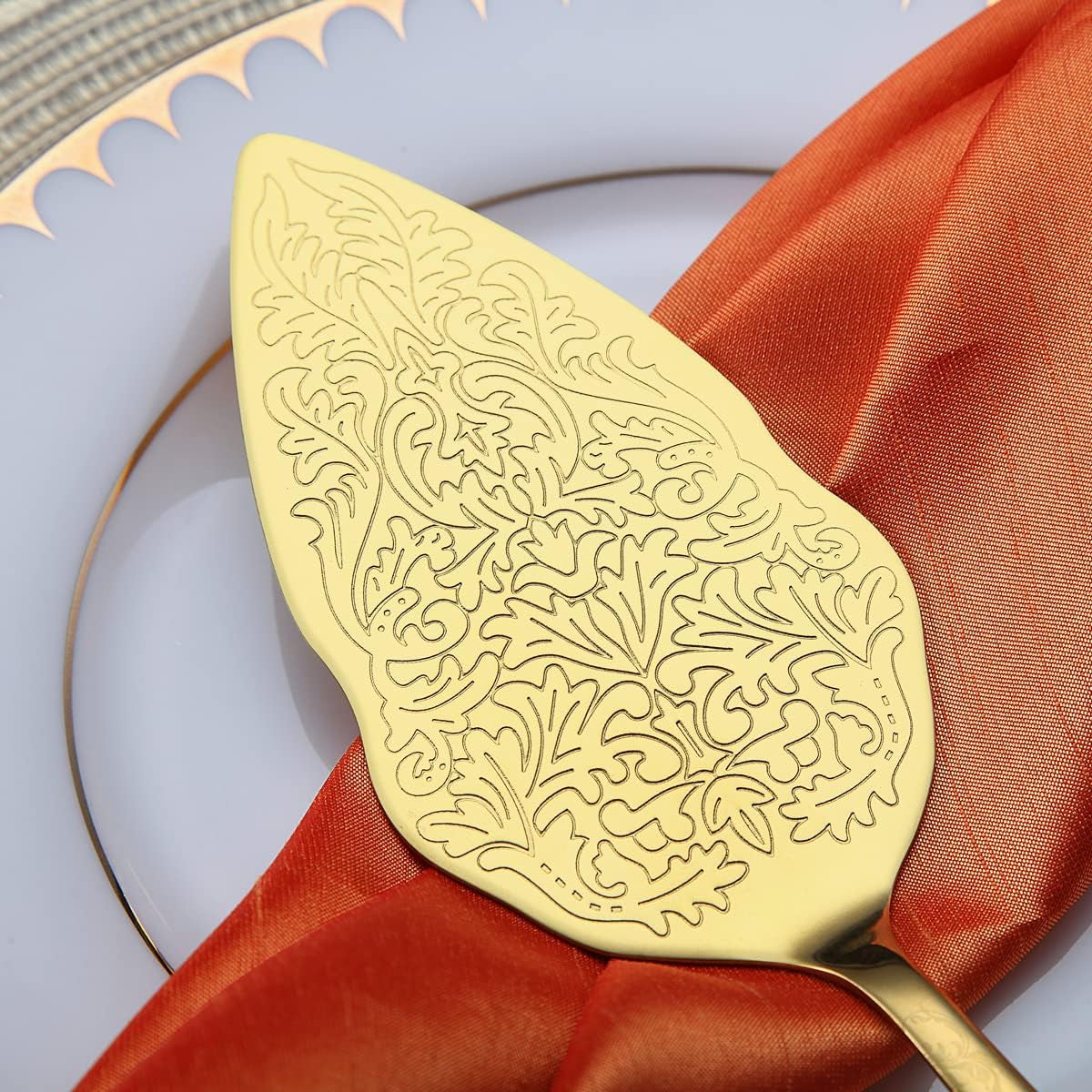 Gold Plated Wedding Cake Knife and Server Set with Unique Pattern Design - Ideal for Weddings, Birthdays, and Special Events - Dishwasher Safe