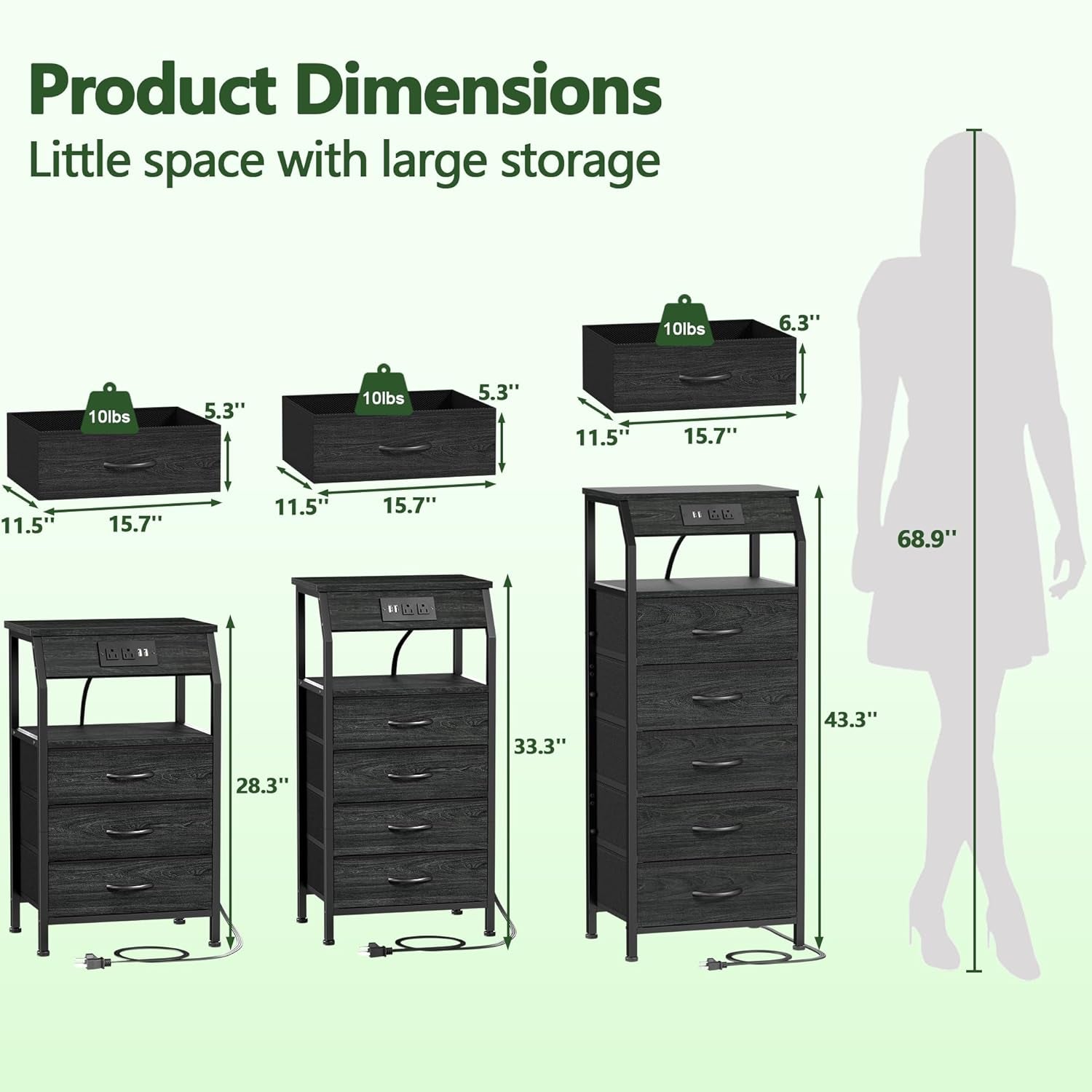 Black Oak Night Stand with Charging Station - 28.3 Inch Tall Side Table Featuring Fabric Drawers, Storage Shelf, USB Ports, and Outlets for Versatile Bedroom Use