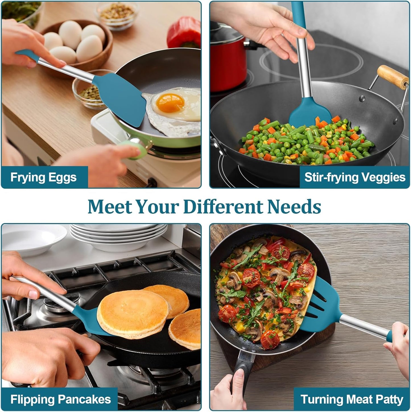 Silicone Cooking Utensils, 3 PCS Heatproof Kitchen Utensil Set for Flipping, Non-Stick Slotted & Solid Spatula Turner, Easy Clean & Non-Toxic, Blue
