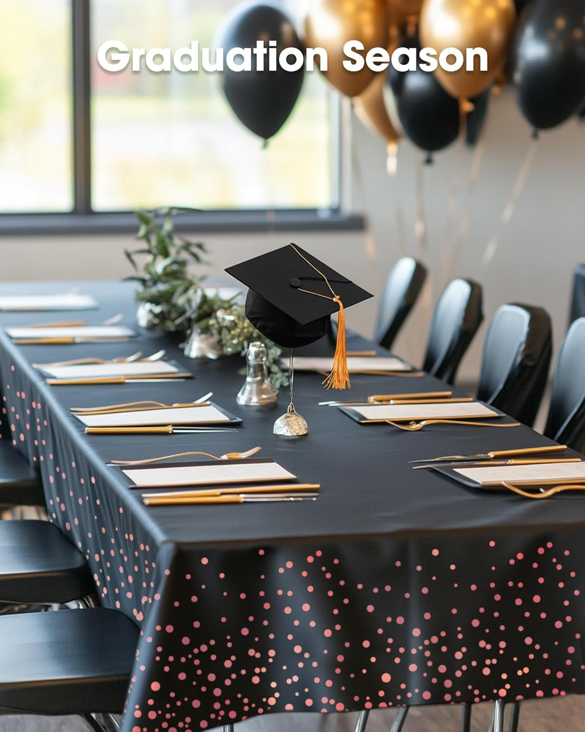 Plastic Table Cloth Disposable 10 Pack, 54 X 108 Inch Table Cloths, Graduation Decorations of 2025, Graduation Tablecloths, Rectangle, Plastic Cover, Leakproof & Sturdy, Black and Rose Gold