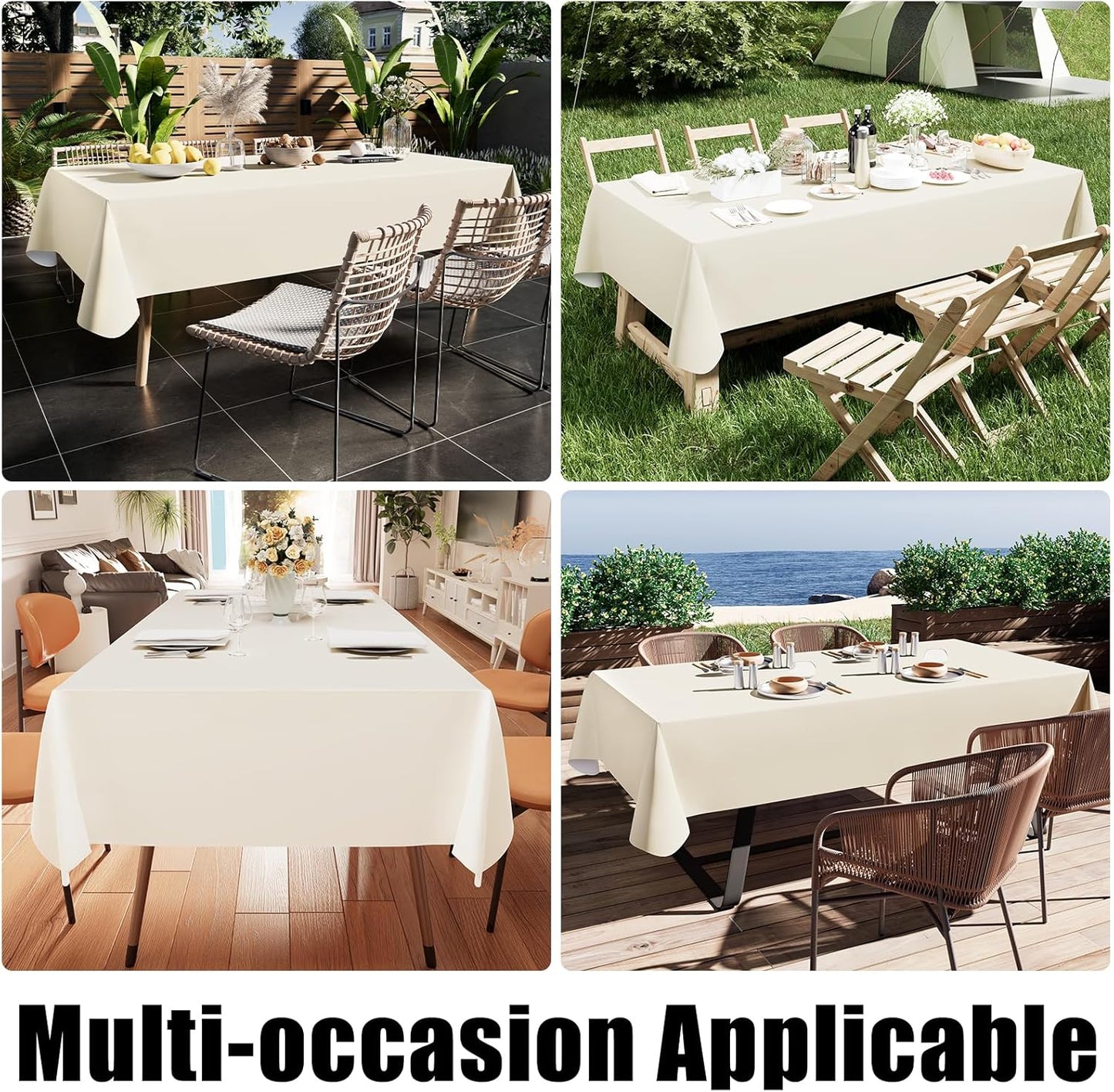 Beige 60x84 Inch Waterproof Vinyl Rectangle Tablecloth - Oil Spill Resistant Plastic Cover for Dining, Picnics, Camping, and Outdoor Use