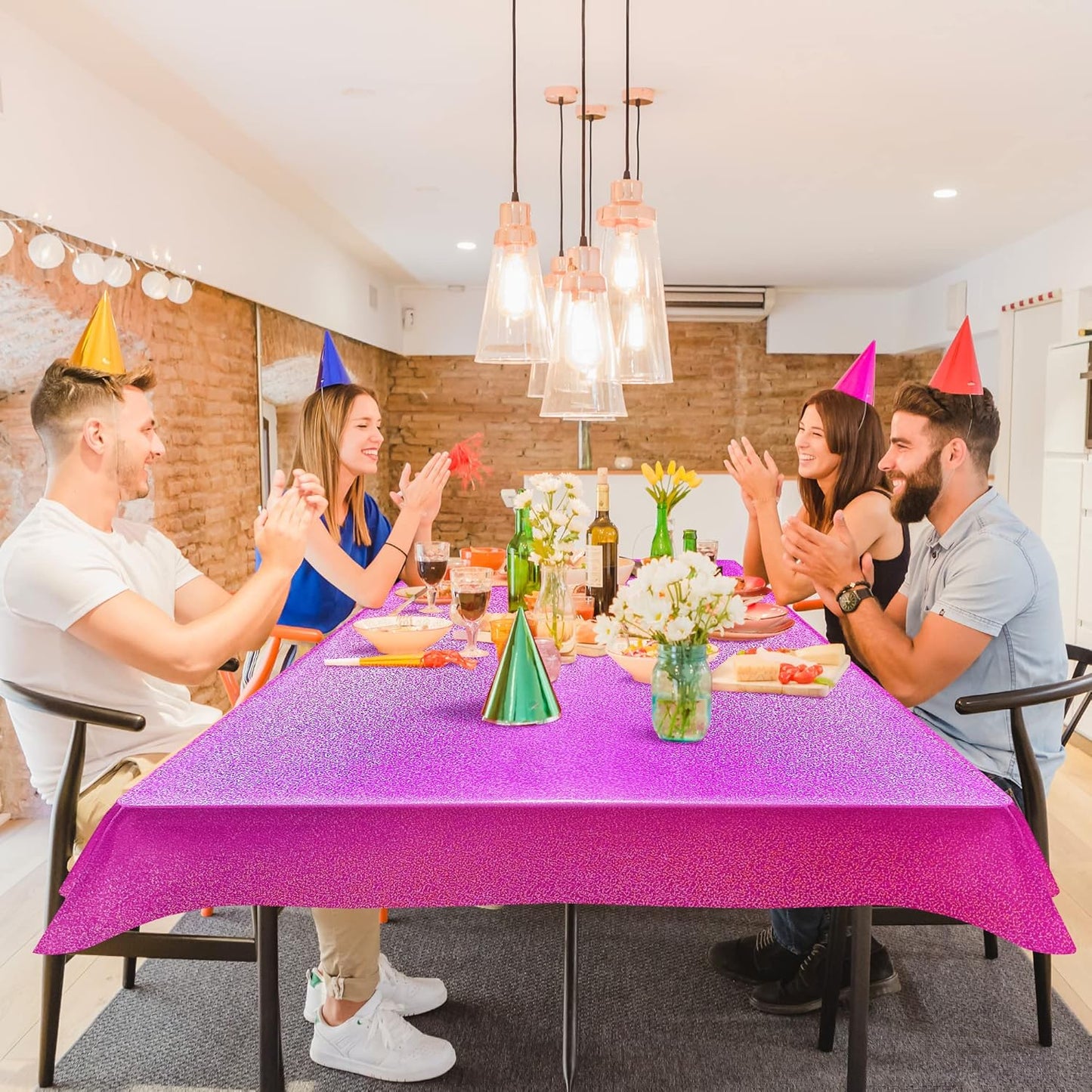 Fuchsia Hot Pink Holographic Tablecloths - Set of 2, 40" x 108", Ideal for Galentine's Day, Valentine's Day, and Girls' Birthday Party Decorations