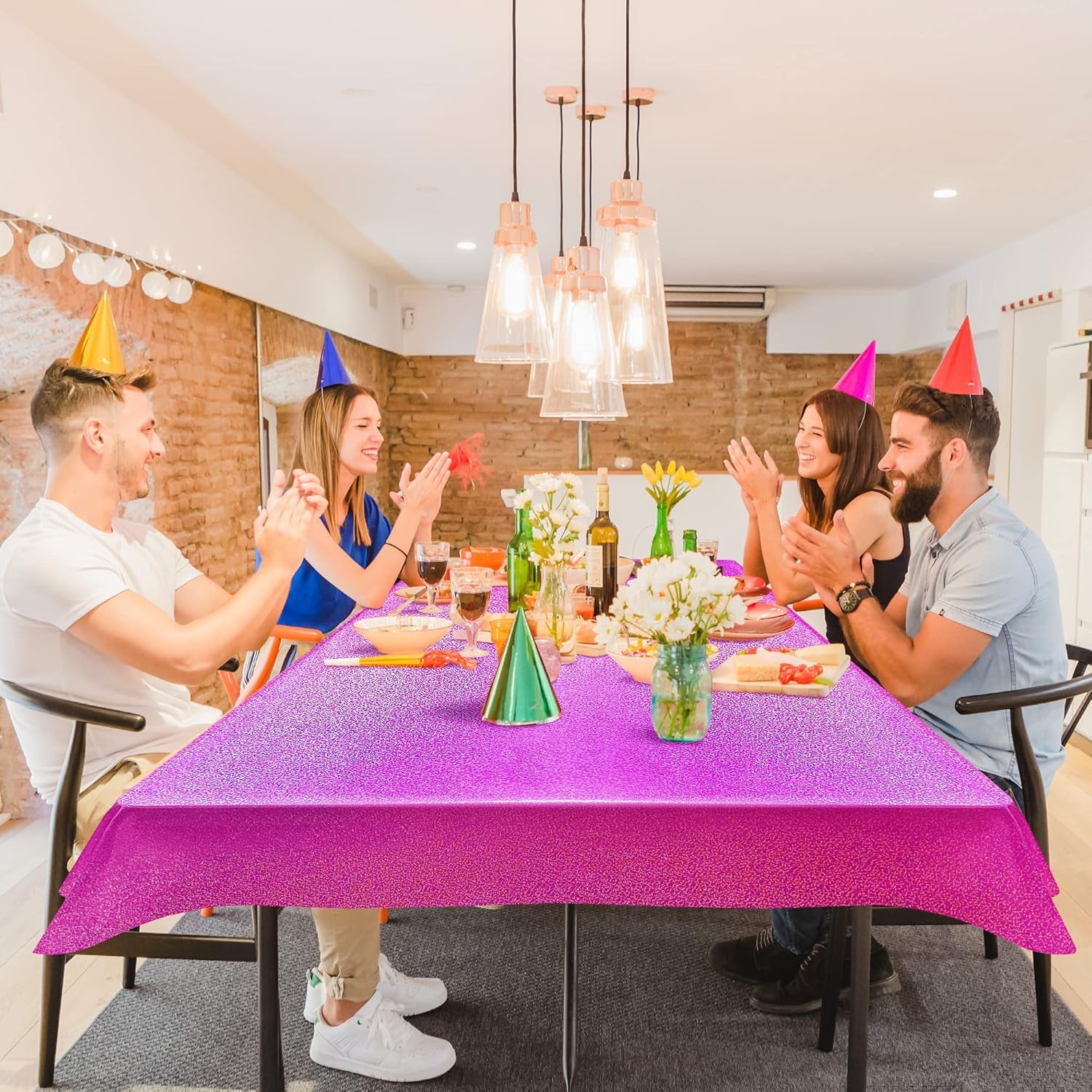 Fuchsia Hot Pink Holographic Tablecloths - Set of 2, 40" x 108", Ideal for Galentine's Day, Valentine's Day, and Girls' Birthday Party Decorations