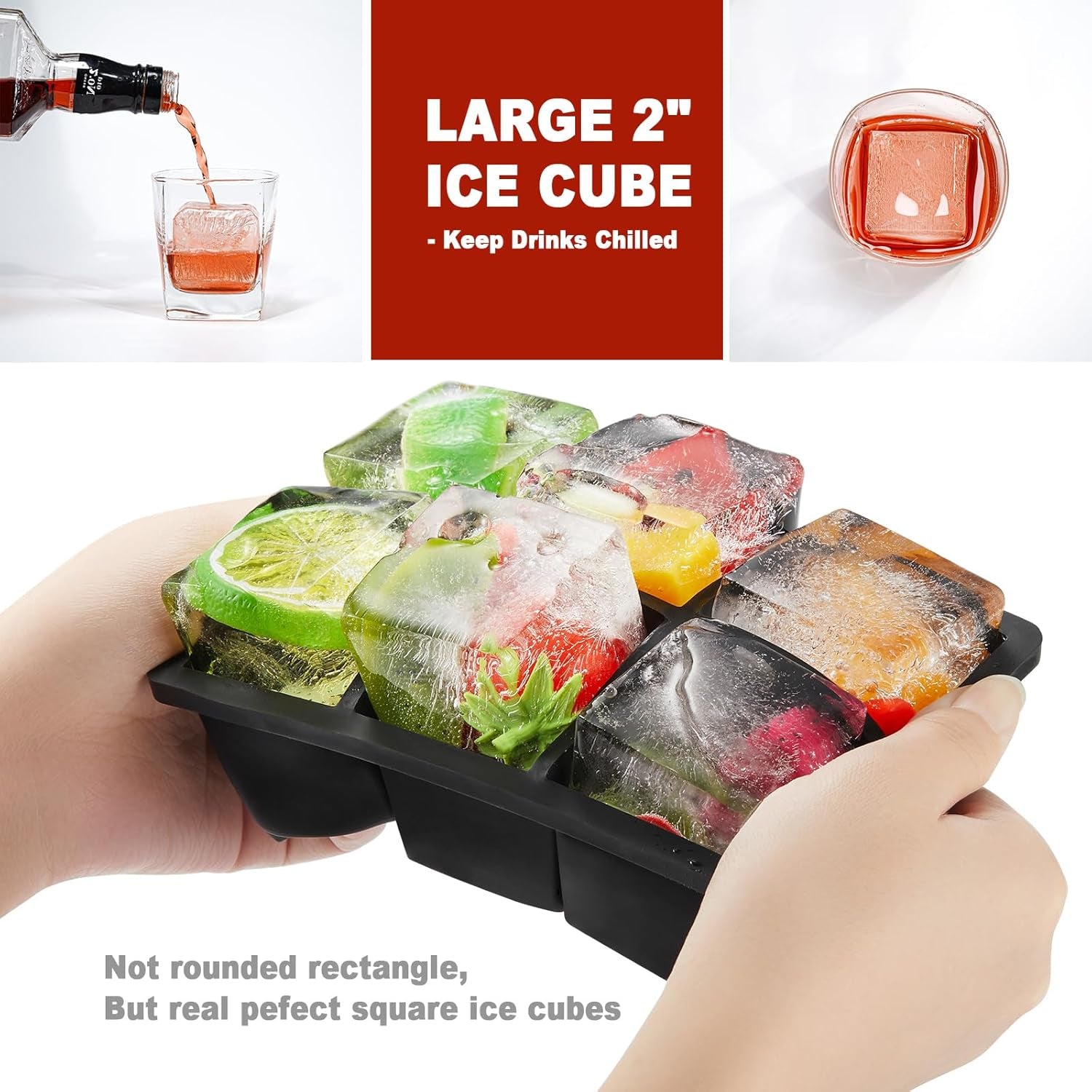 Large Ice Cube Tray with Lid Pack of 2, Stackable 2 Inch Big Silicone Square Ice Cube Mold for Whiskey Cocktails Bourbon Soups Frozen Treats, BPA Free