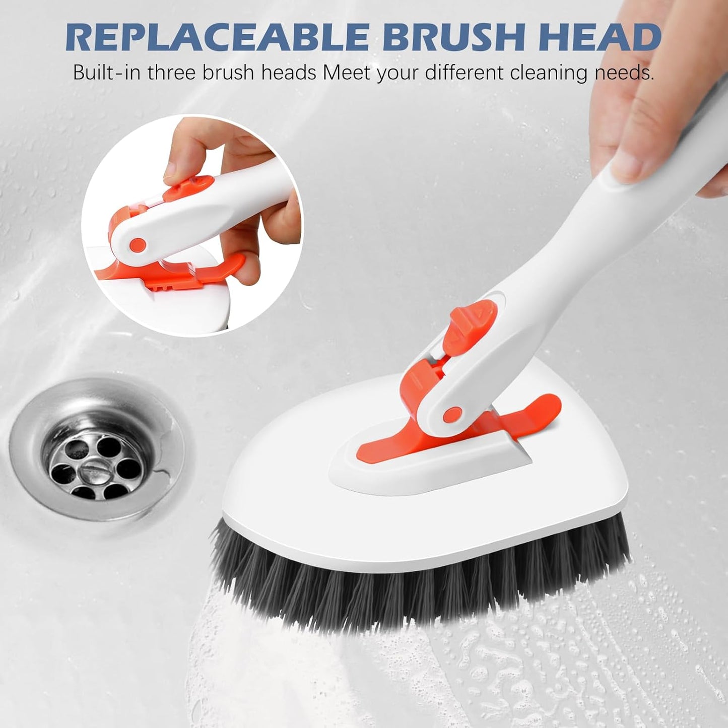 Floor Scrub Brush, 4-In-1 Tile Tub Floor Scrubber with Adjustable Long Handle Shower Cleaner Brush Comes with Window Scrubber for Cleaning Bathroom Kitchen Walls Tub Tile, Orange