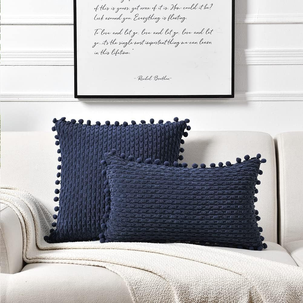 Set of 2 Navy Blue Decorative Throw Pillow Covers 18X18 Inch with Pom-Poms for Couch Bedroom Living Room, Modern Farmhouse Boho Home Decor, Soft Plush Corduroy Cute Cushion Case 45X45 Cm