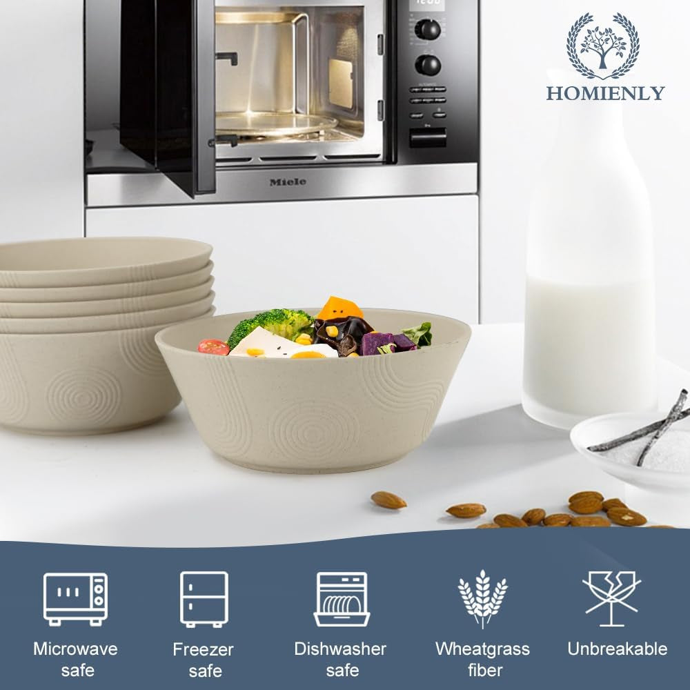 Wheat Straw Cereal Bowls Set of 6 | Microwave and Dishwasher Safe | Patented Textured Grip | Ideal for Cereal, Soup, and Salad | Eco-Friendly Alternative to Plastic (Beige)