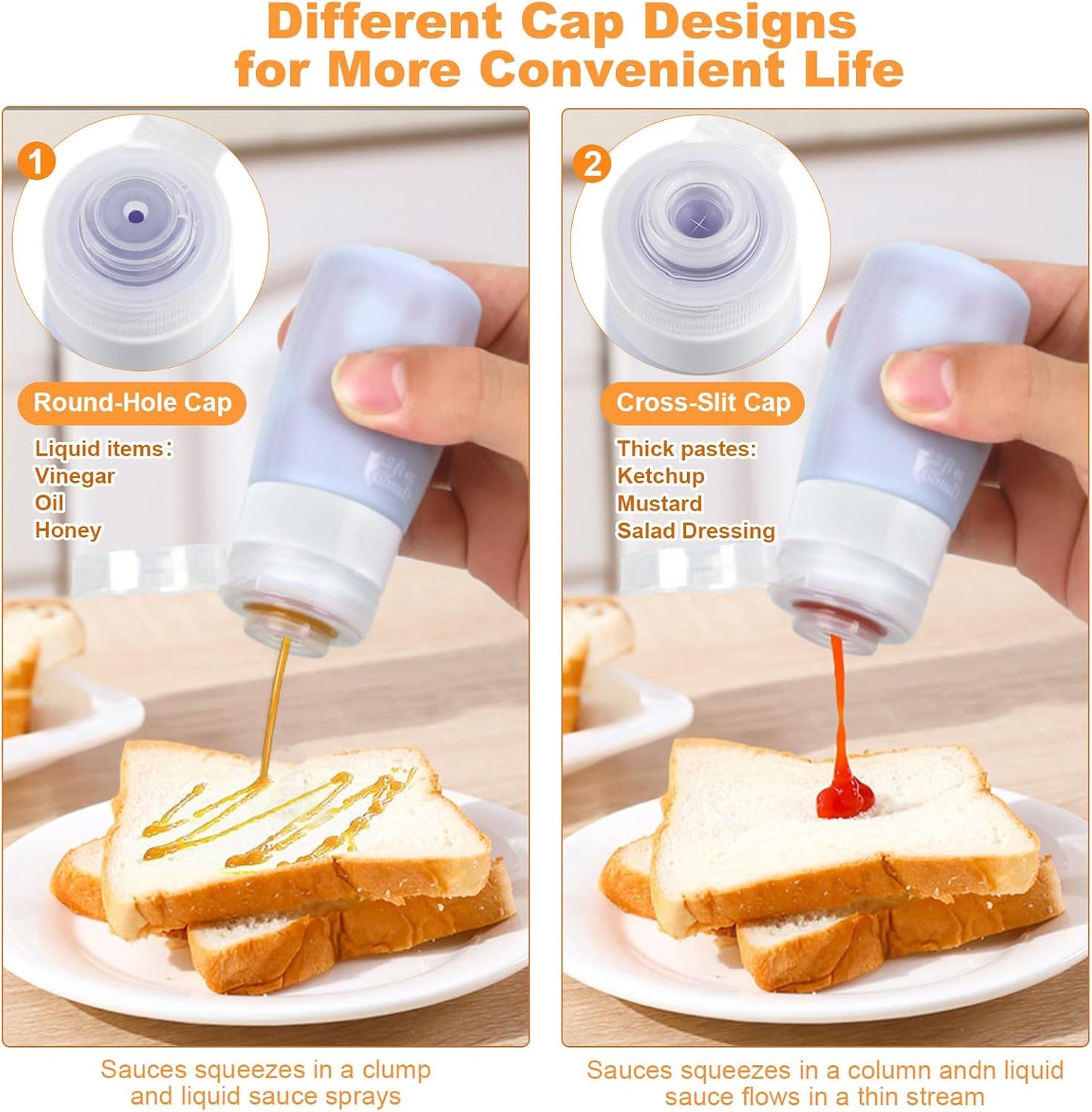 Salad Dressing Container to Go, 4 Pack Condiment Squeeze Bottles for Sauces, Mini Silicone Liquids Containers for Bento Lunch Box, Travel Bottles for Toiletries Refillable with 2 Extra Caps+Brush, 2Oz