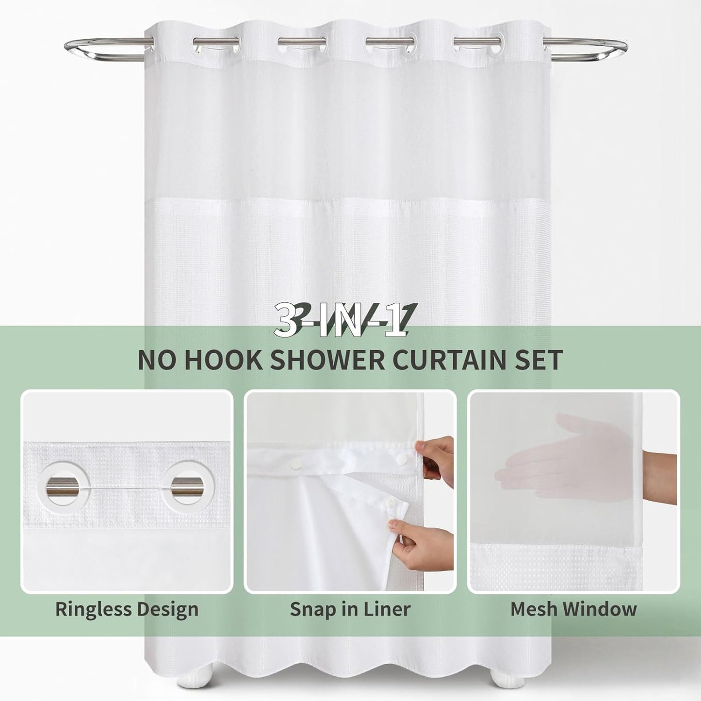 No Hook Waffle Weave Shower Curtain with Snap-In Fabric Liner Set,White Shower Curtains for Bathroom with See through Top Window,Water Repellent & Washable,71Wx74H