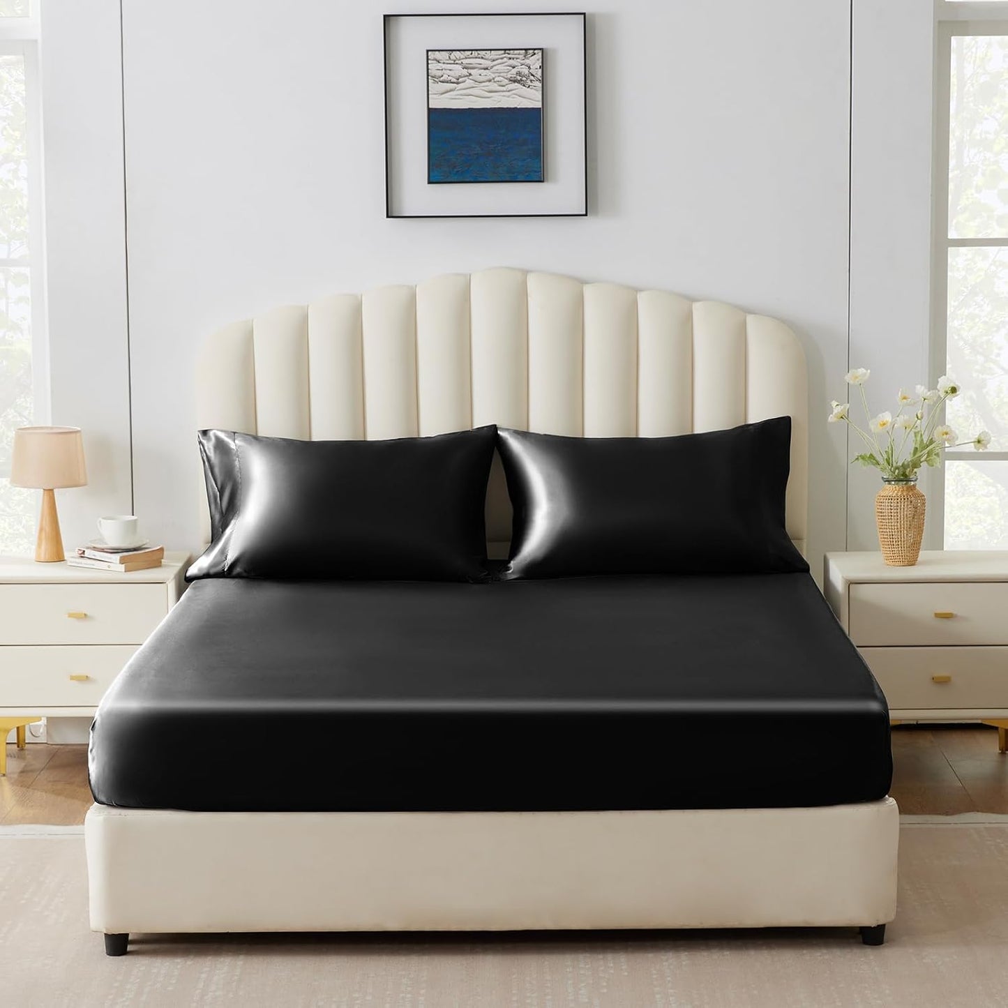 Satin Fitted Sheet Queen Size, Black Silky Satin Bed Fitted Sheet Only with Microfiber, Deep Pocket, Single Bottom Sheet Sold Separately, Breathable, Smooth and Soft